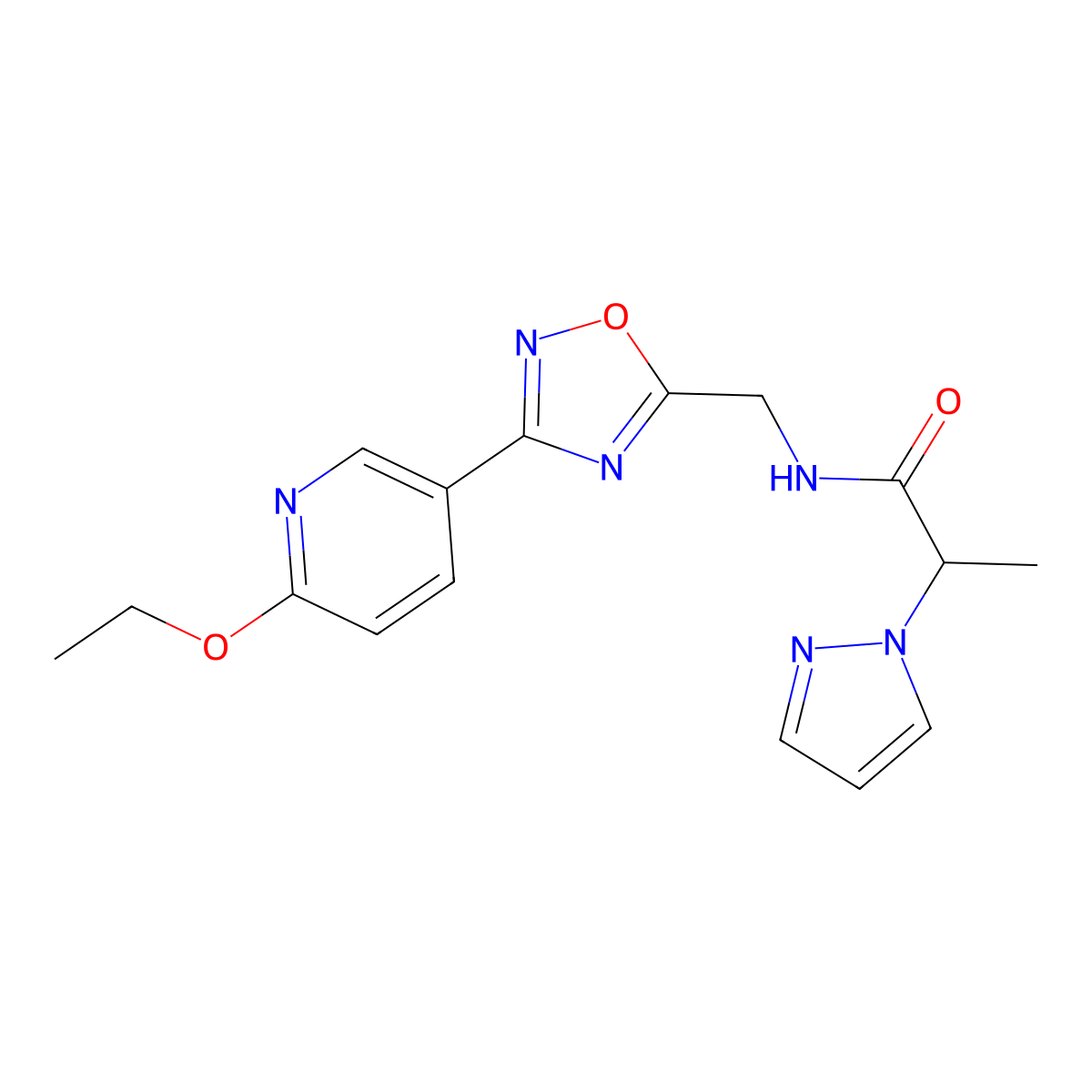 N-((3-(6-ethoxypyridin-3-yl)-1,2,4-oxadiazol-5-yl)methyl)-2-(1H-pyrazol-1-yl)propanamide molecular structure, CAS 2034289-17-1