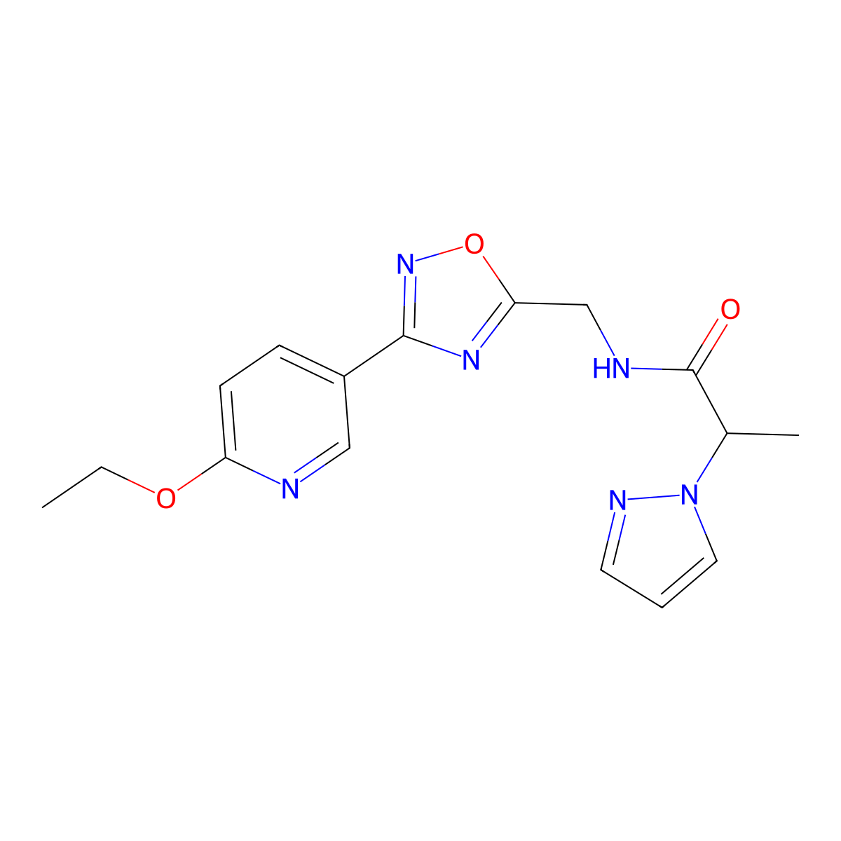 N-((3-(6-ethoxypyridin-3-yl)-1,2,4-oxadiazol-5-yl)methyl)-2-(1H-pyrazol-1-yl)propanamide molecular structure, CAS 2034289-17-1