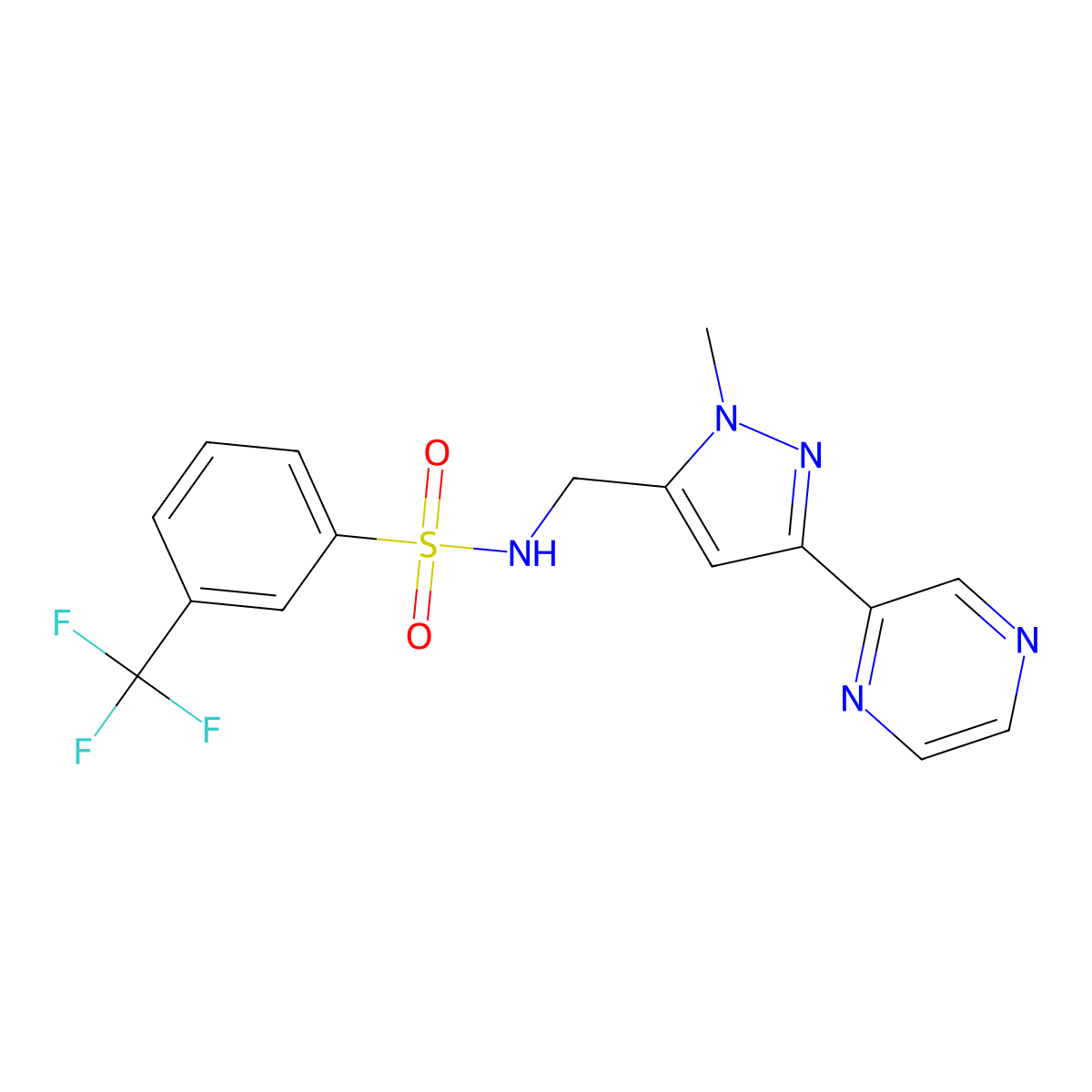 N-((1-methyl-3-(pyrazin-2-yl)-1H-pyrazol-5-yl)methyl)-3-(trifluoromethyl)benzenesulfonamide molecular structure, CAS 2034289-18-2