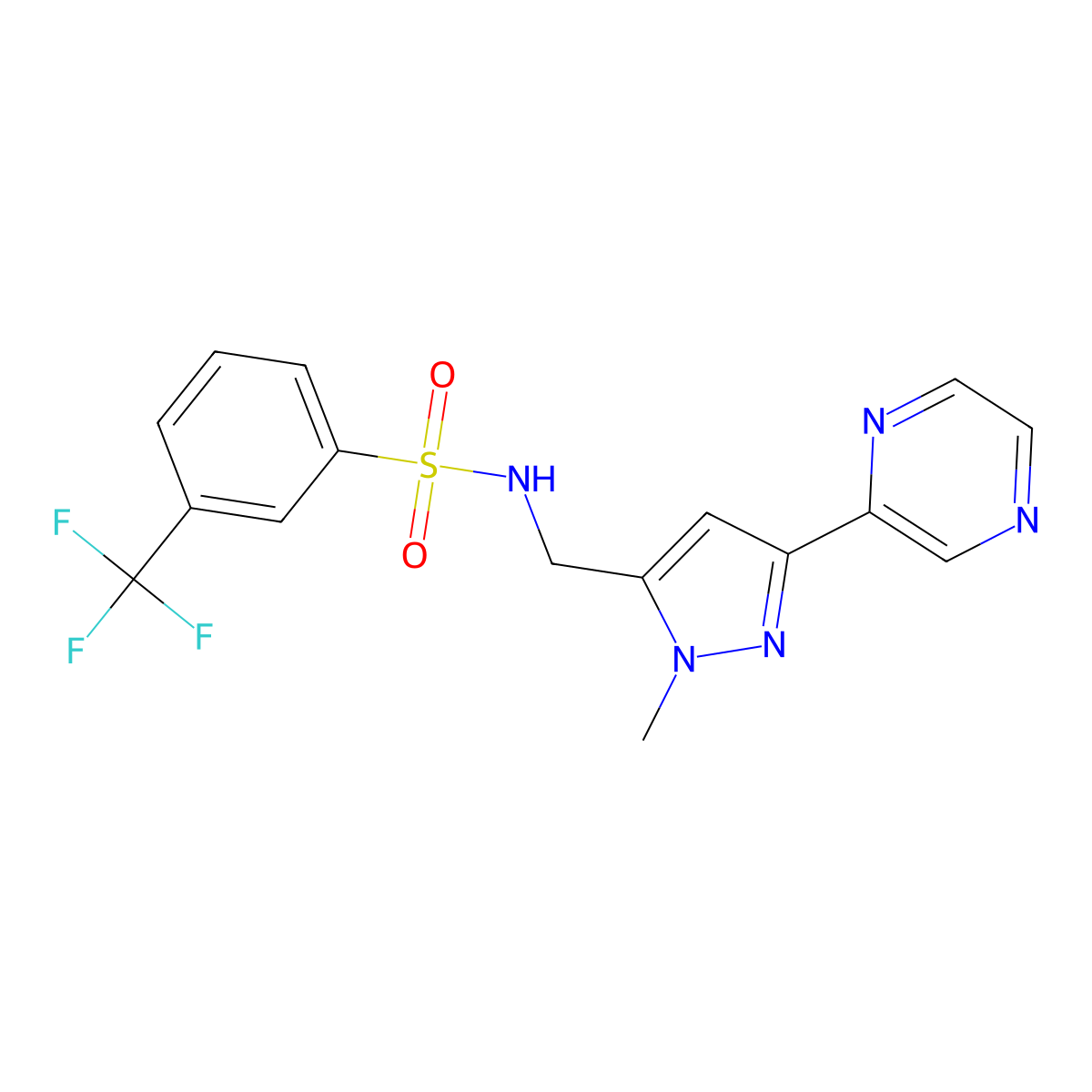 N-((1-methyl-3-(pyrazin-2-yl)-1H-pyrazol-5-yl)methyl)-3-(trifluoromethyl)benzenesulfonamide molecular structure, CAS 2034289-18-2