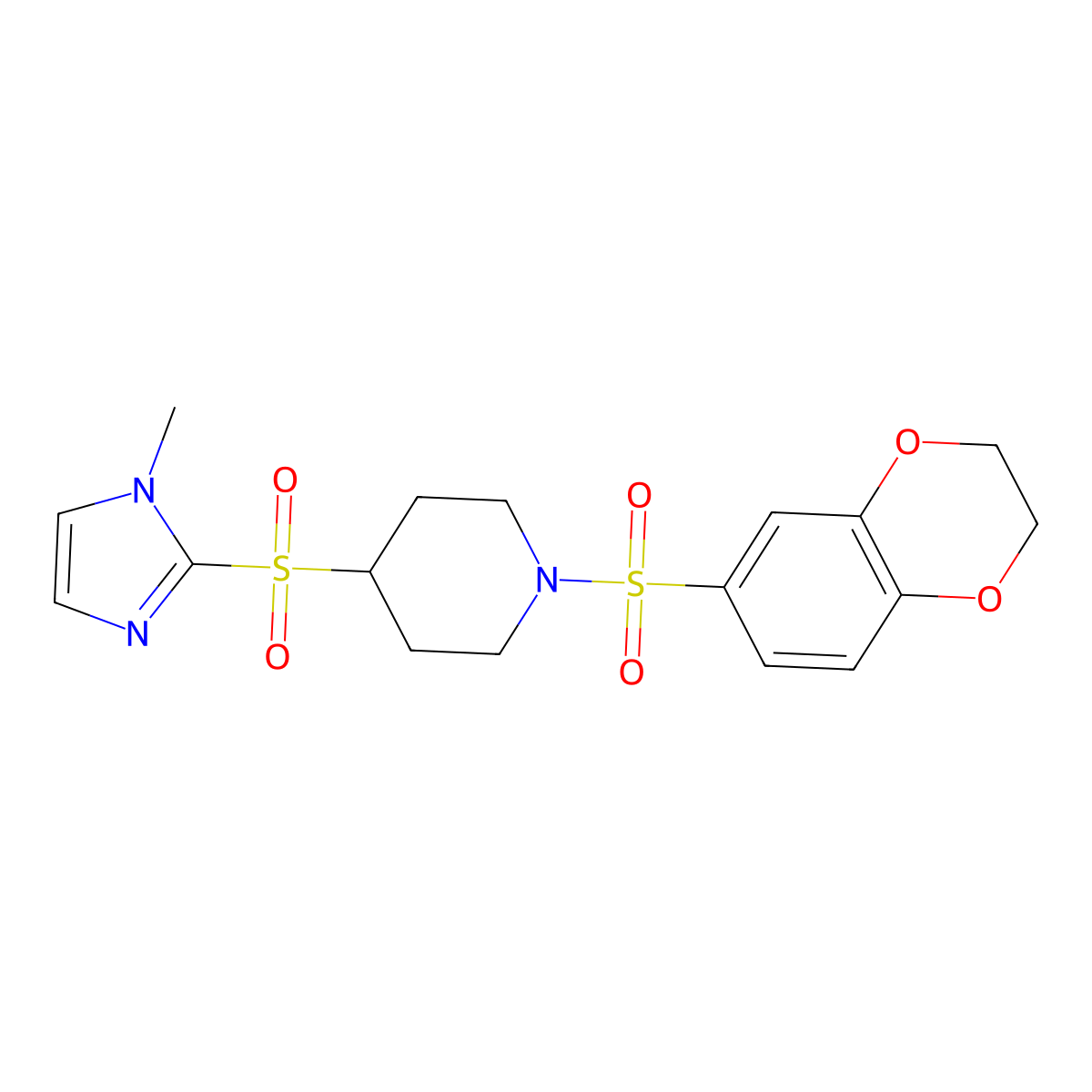 1-((2,3-dihydrobenzo[b][1,4]dioxin-6-yl)sulfonyl)-4-((1-methyl-1H-imidazol-2-yl)sulfonyl)piperidine molecular structure, CAS 2034289-21-7