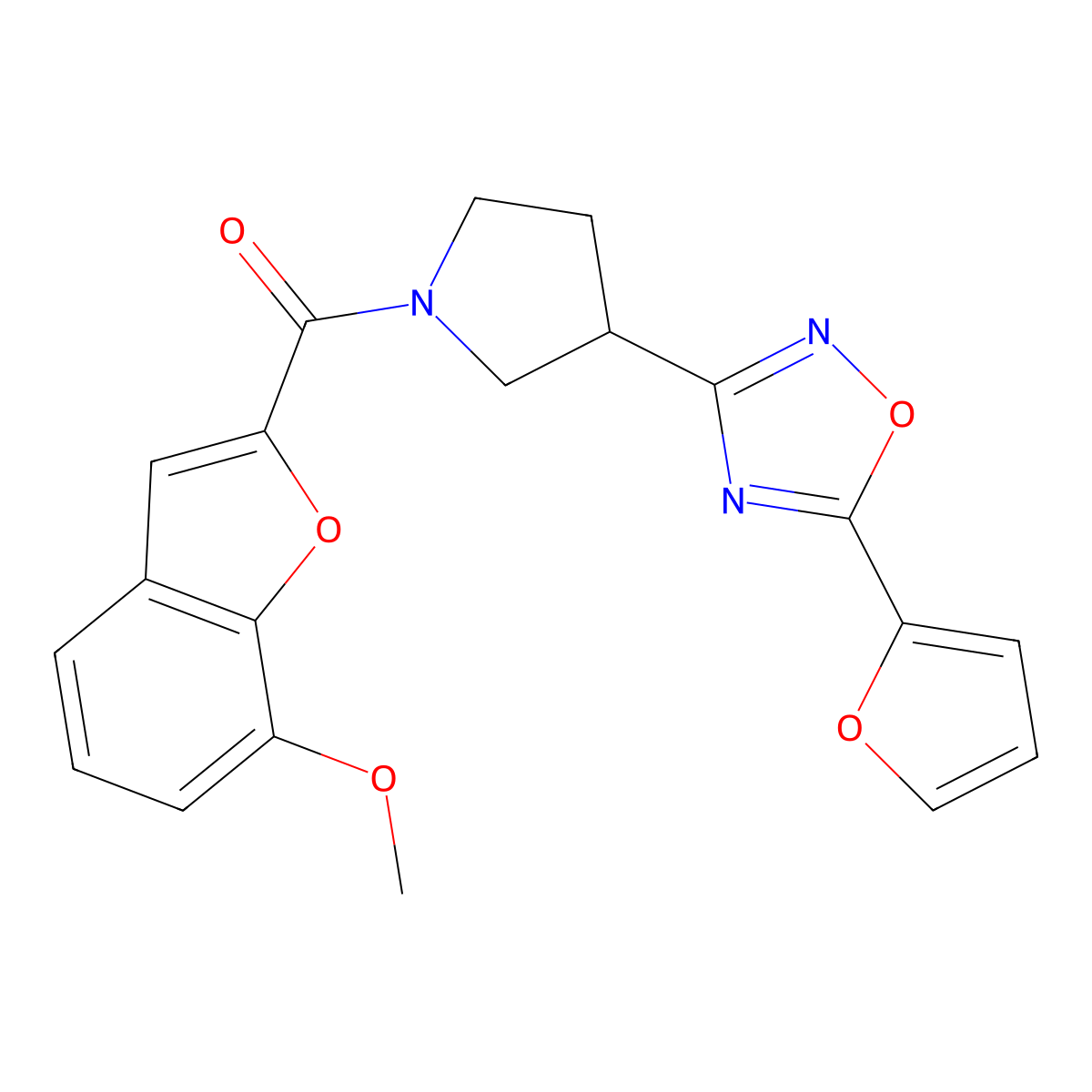 (3-(5-(Furan-2-yl)-1,2,4-oxadiazol-3-yl)pyrrolidin-1-yl)(7-methoxybenzofuran-2-yl)methanone molecular structure, CAS 2034289-23-9