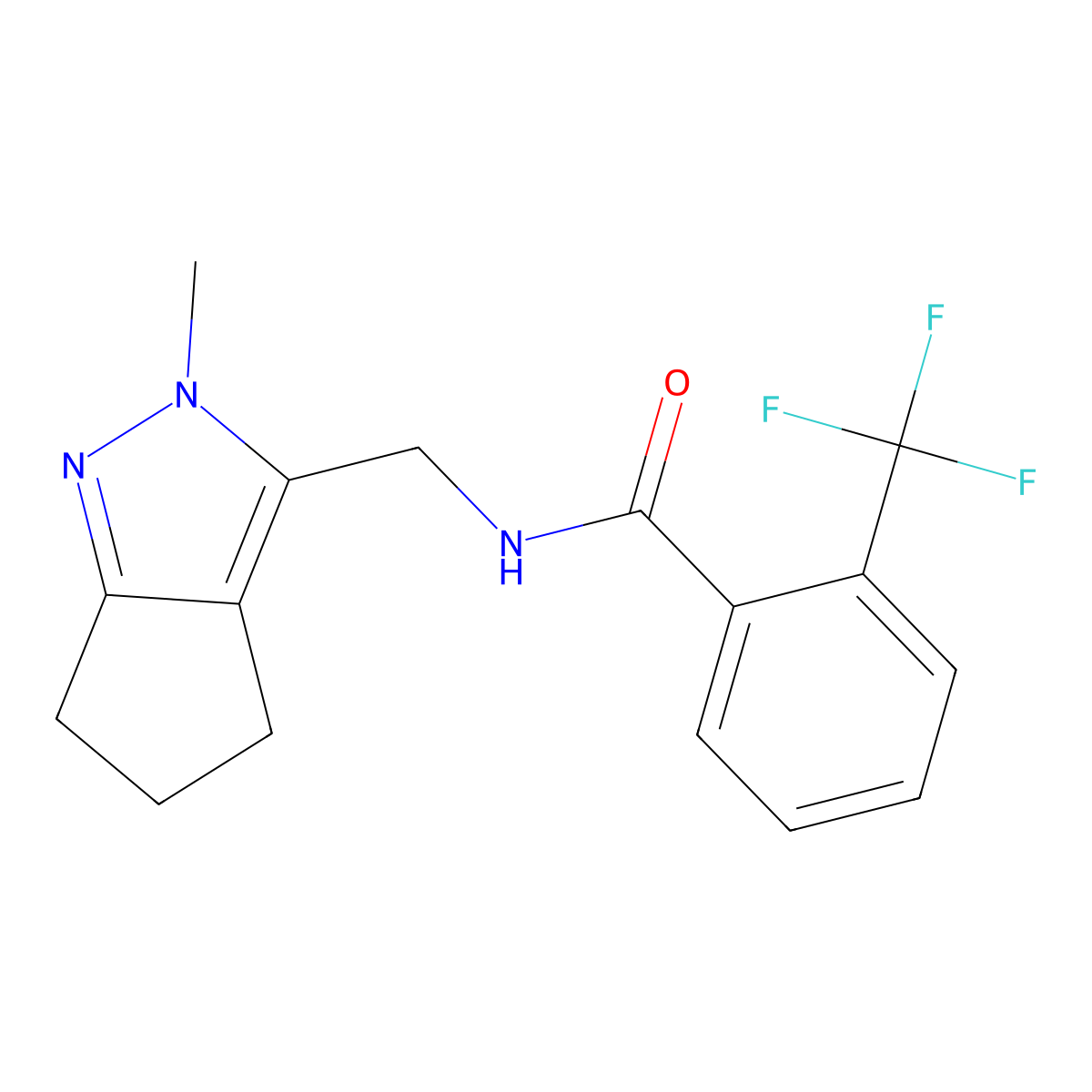 N-((2-methyl-2,4,5,6-tetrahydrocyclopenta[c]pyrazol-3-yl)methyl)-2-(trifluoromethyl)benzamide molecular structure, CAS 2034289-34-2