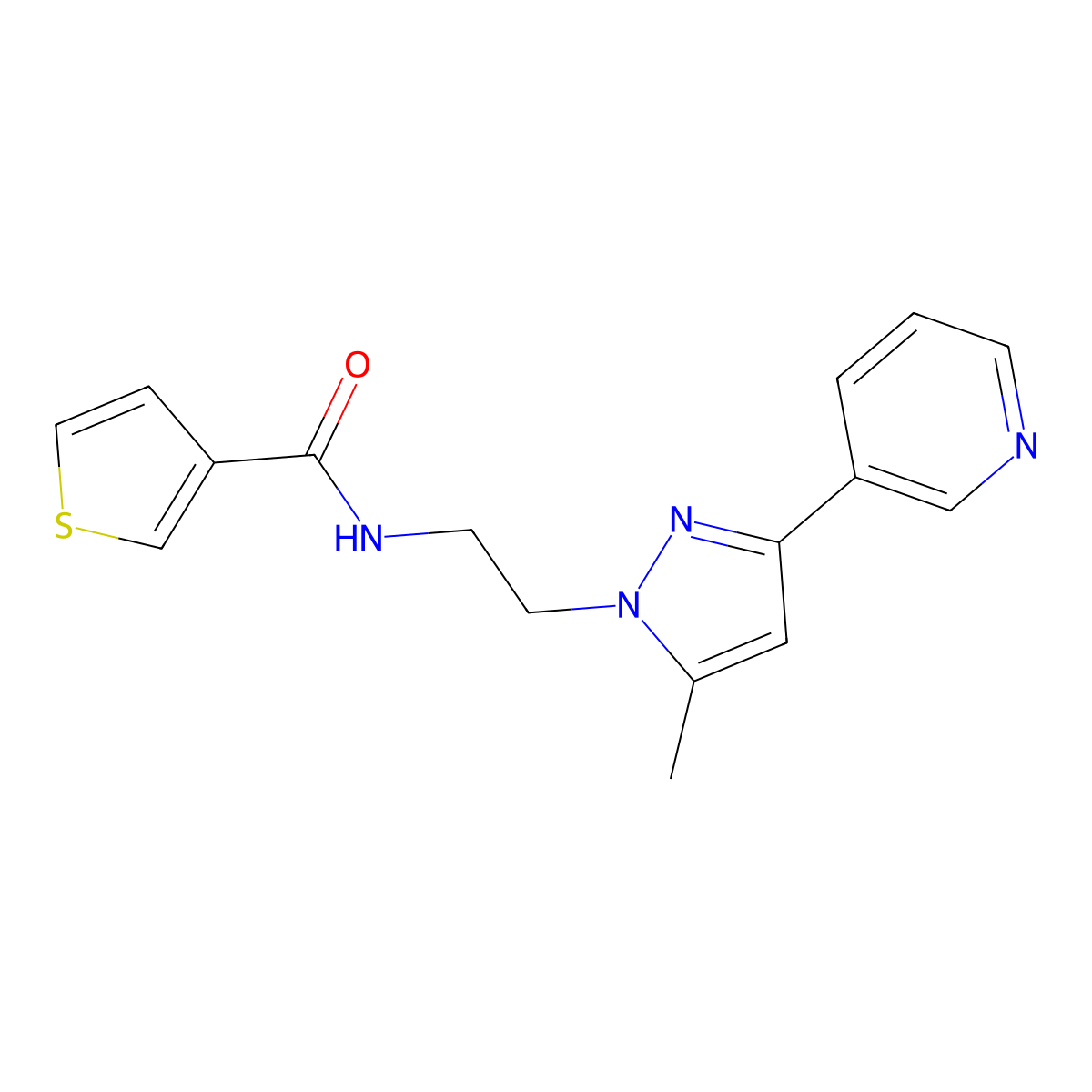 N-(2-(5-methyl-3-(pyridin-3-yl)-1H-pyrazol-1-yl)ethyl)thiophene-3-carboxamide molecular structure, CAS 2034289-38-6