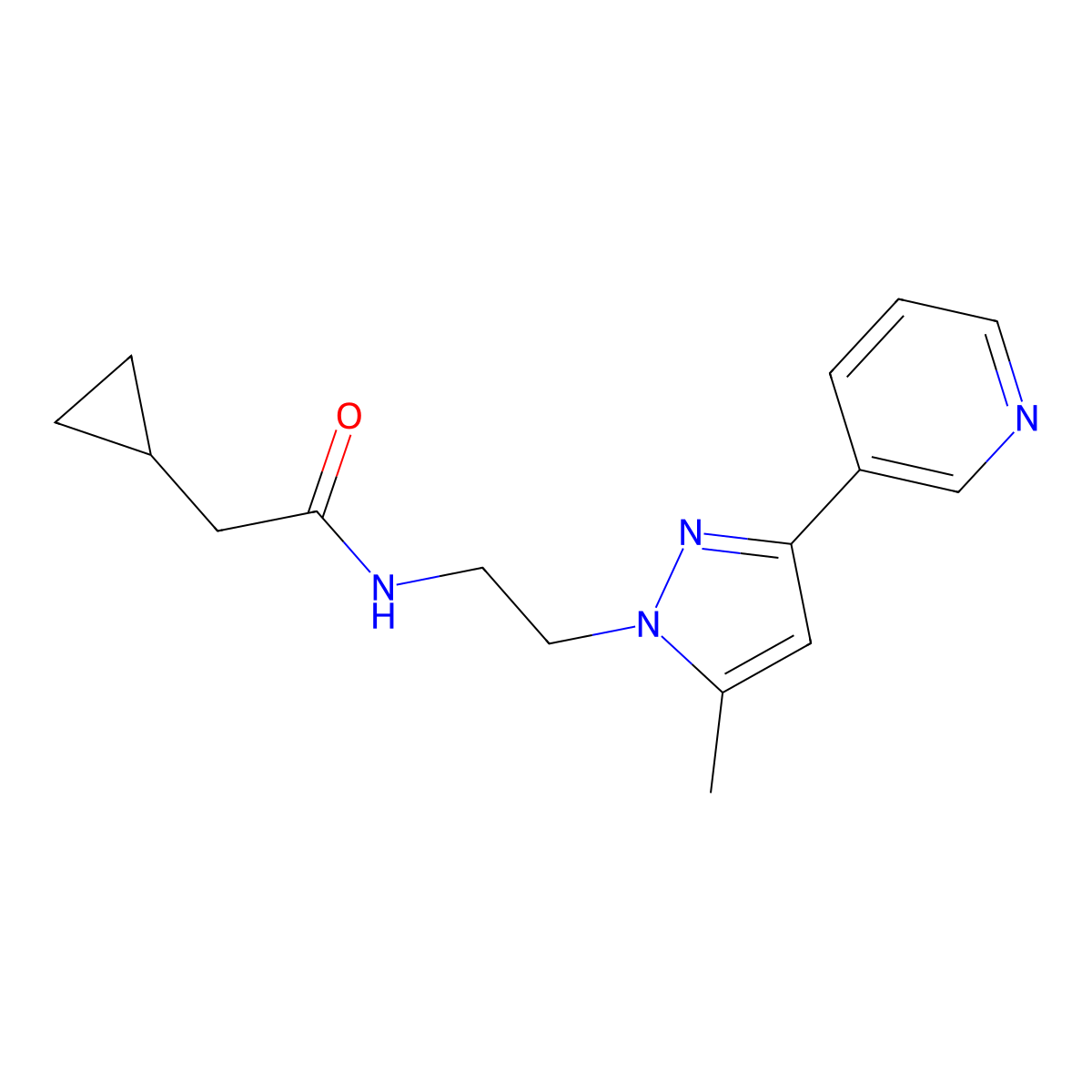 2-cyclopropyl-N-(2-(5-methyl-3-(pyridin-3-yl)-1H-pyrazol-1-yl)ethyl)acetamide molecular structure, CAS 2034289-43-3