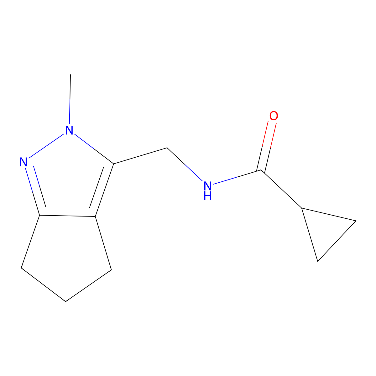 N-((2-methyl-2,4,5,6-tetrahydrocyclopenta[c]pyrazol-3-yl)methyl)cyclopropanecarboxamide molecular structure, CAS 2034289-47-7
