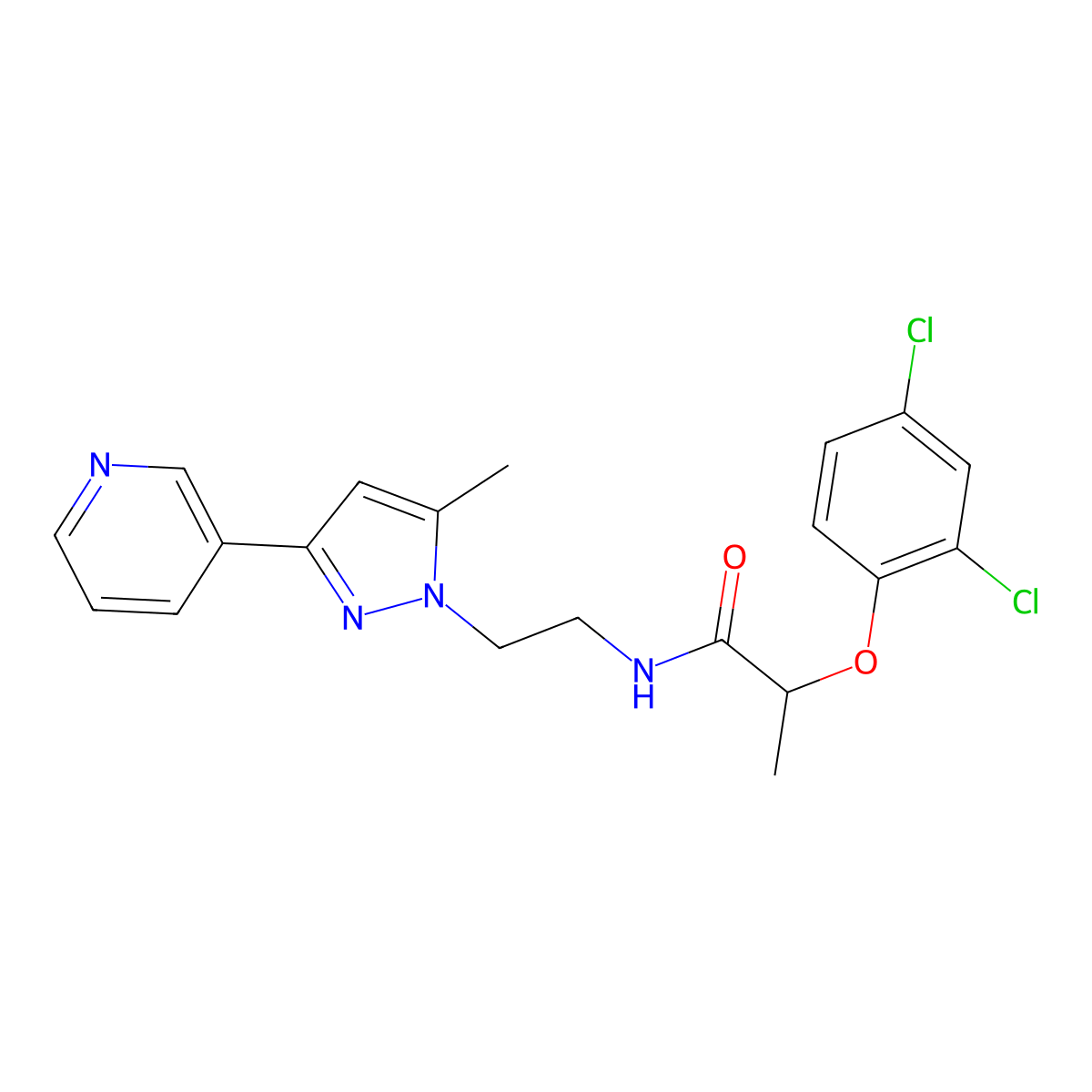 2-(2,4-dichlorophenoxy)-N-{2-[5-methyl-3-(pyridin-3-yl)-1H-pyrazol-1-yl]ethyl}propanamide molecular structure, CAS 2034289-49-9