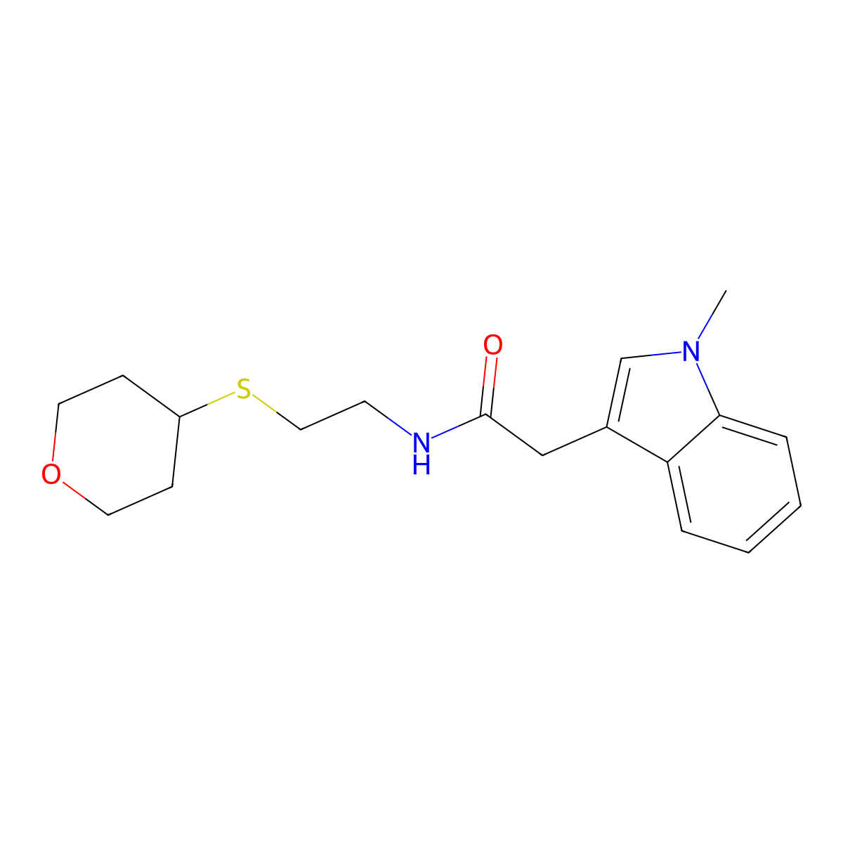 2-(1-methyl-1H-indol-3-yl)-N-(2-((tetrahydro-2H-pyran-4-yl)thio)ethyl)acetamide molecular structure, CAS 2034289-52-4