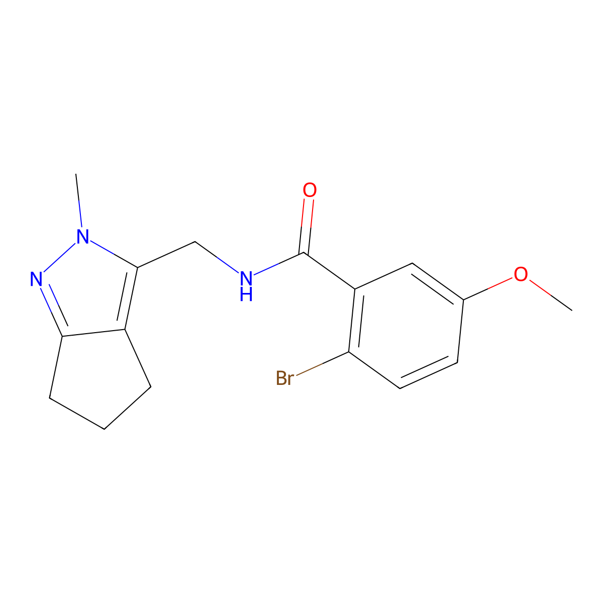 2-bromo-5-methoxy-N-((2-methyl-2,4,5,6-tetrahydrocyclopenta[c]pyrazol-3-yl)methyl)benzamide molecular structure, CAS 2034289-53-5