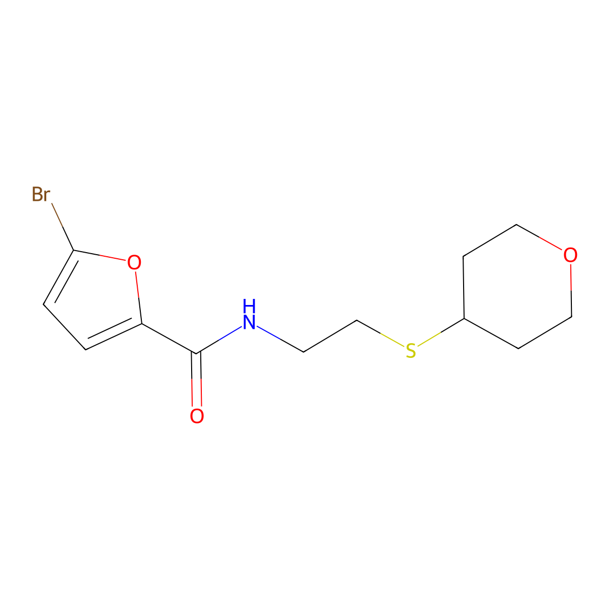 5-bromo-N-(2-((tetrahydro-2H-pyran-4-yl)thio)ethyl)furan-2-carboxamide molecular structure, CAS 2034289-55-7