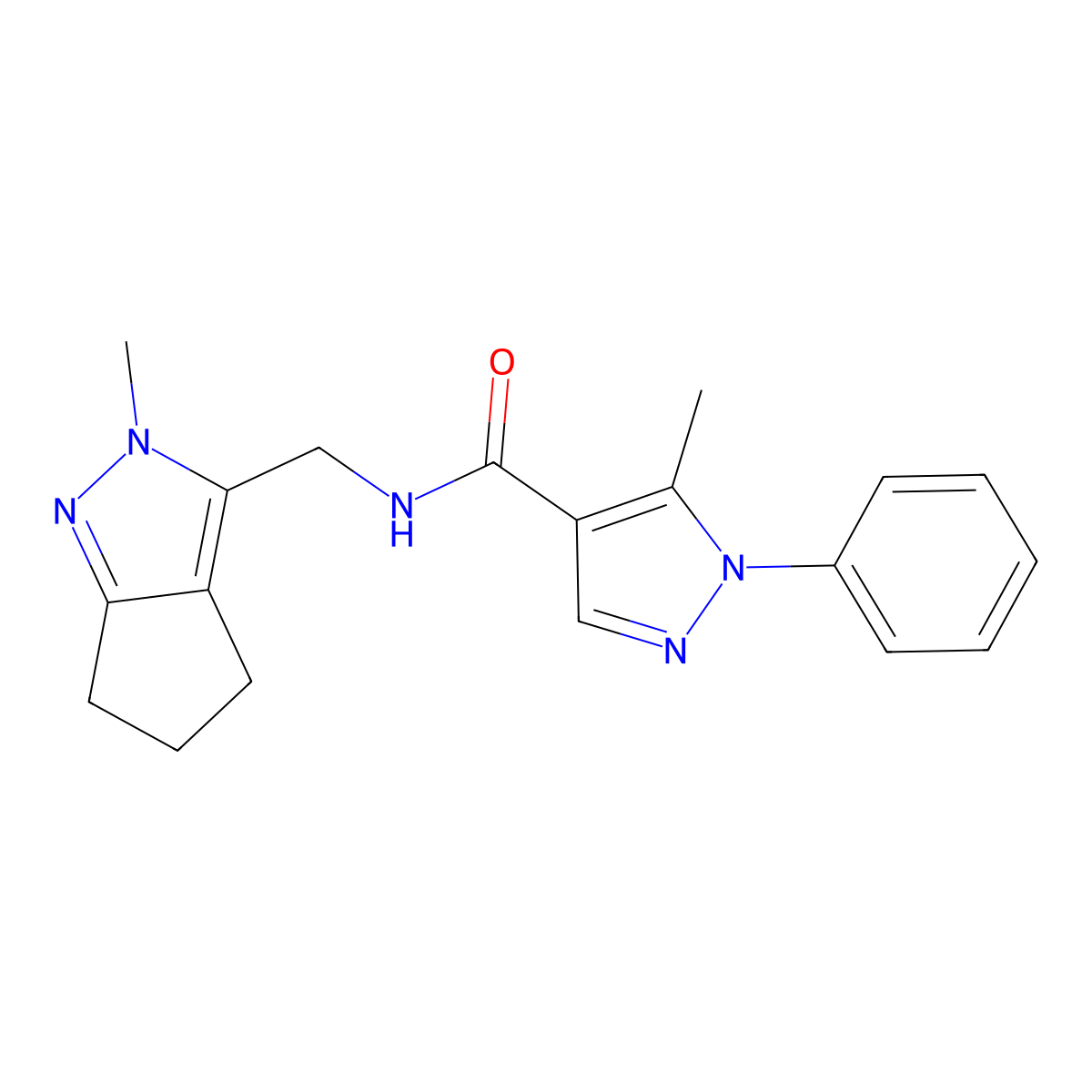 5-methyl-N-((2-methyl-2,4,5,6-tetrahydrocyclopenta[c]pyrazol-3-yl)methyl)-1-phenyl-1H-pyrazole-4-carboxamide molecular structure, CAS 2034289-58-0