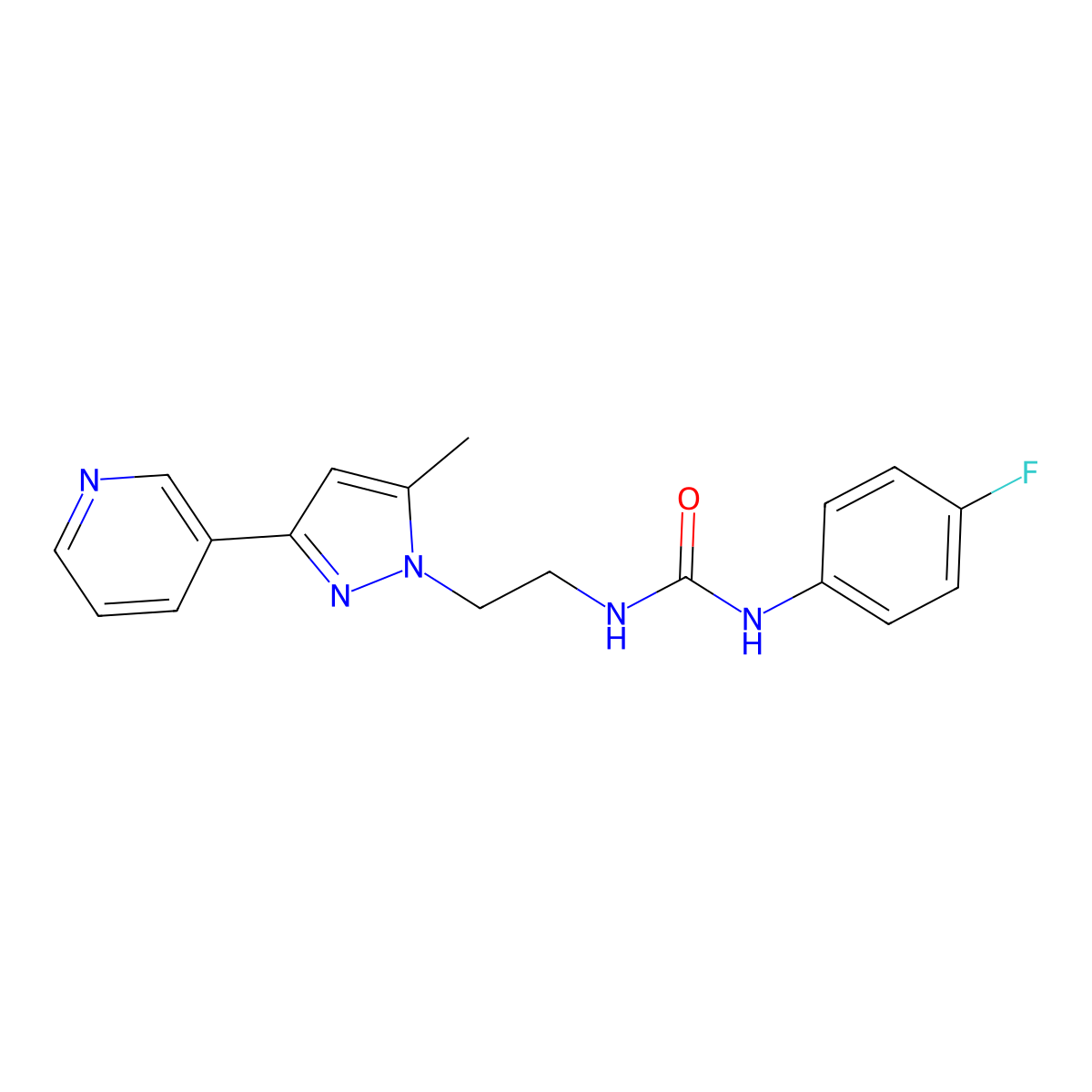 1-(4-fluorophenyl)-3-{2-[5-methyl-3-(pyridin-3-yl)-1H-pyrazol-1-yl]ethyl}urea molecular structure, CAS 2034289-65-9