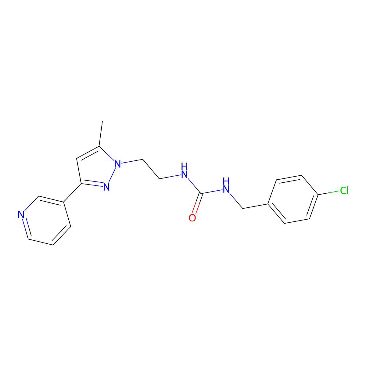 1-(4-chlorobenzyl)-3-(2-(5-methyl-3-(pyridin-3-yl)-1H-pyrazol-1-yl)ethyl)urea molecular structure, CAS 2034289-70-6