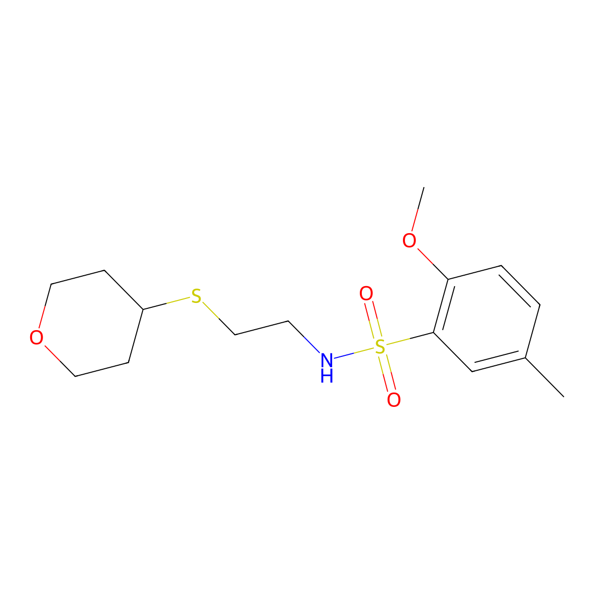2-methoxy-5-methyl-N-(2-((tetrahydro-2H-pyran-4-yl)thio)ethyl)benzenesulfonamide molecular structure, CAS 2034289-78-4