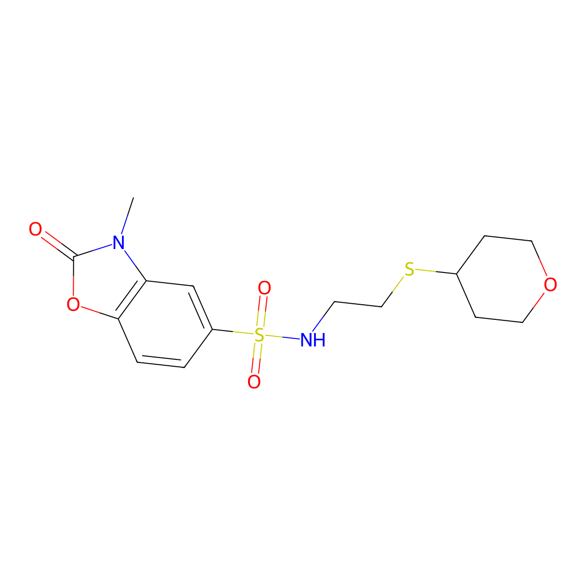 3-methyl-2-oxo-N-(2-((tetrahydro-2H-pyran-4-yl)thio)ethyl)-2,3-dihydrobenzo[d]oxazole-5-sulfonamide molecular structure, CAS 2034289-84-2
