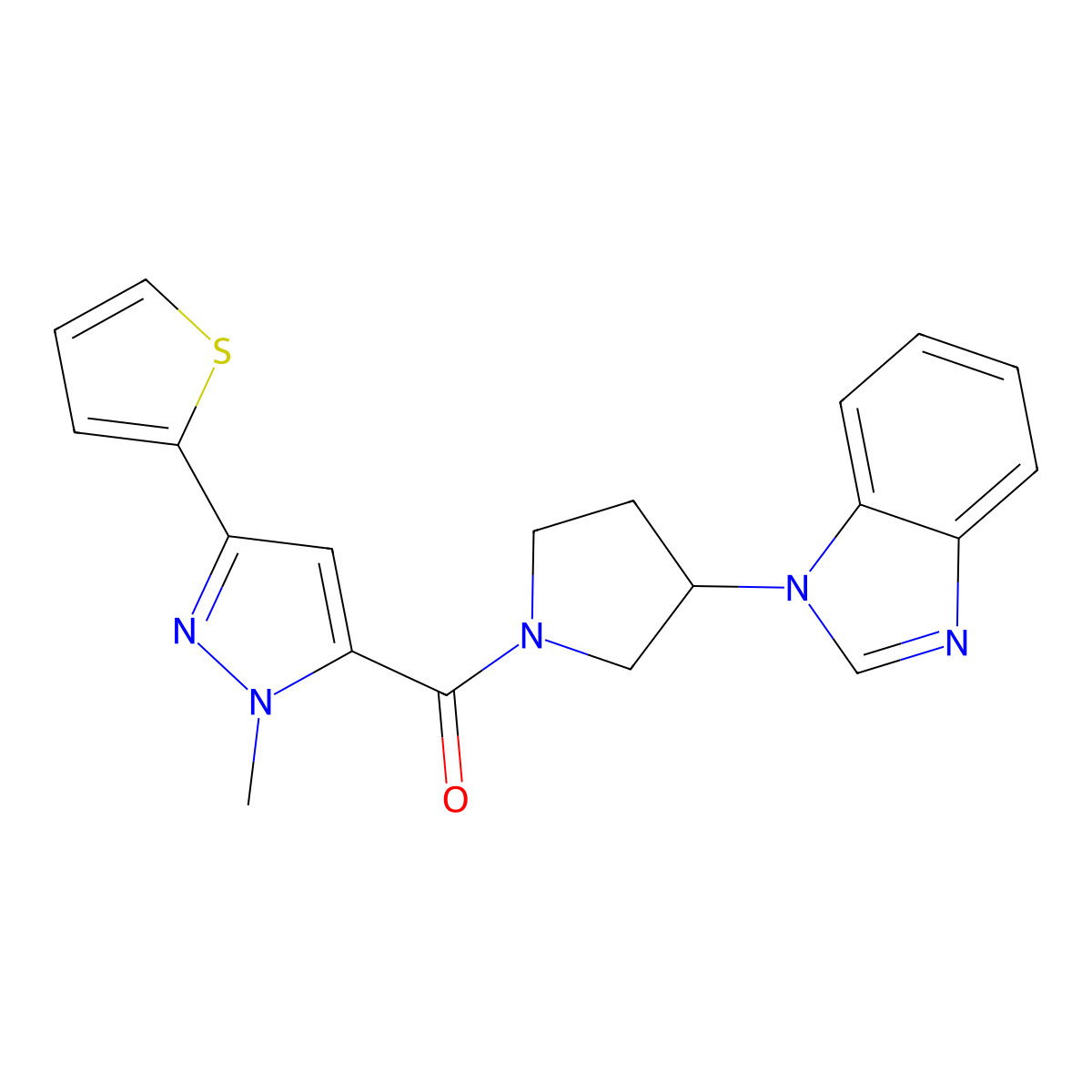 (3-(1H-benzo[d]imidazol-1-yl)pyrrolidin-1-yl)(1-methyl-3-(thiophen-2-yl)-1H-pyrazol-5-yl)methanone molecular structure, CAS 2034289-91-1