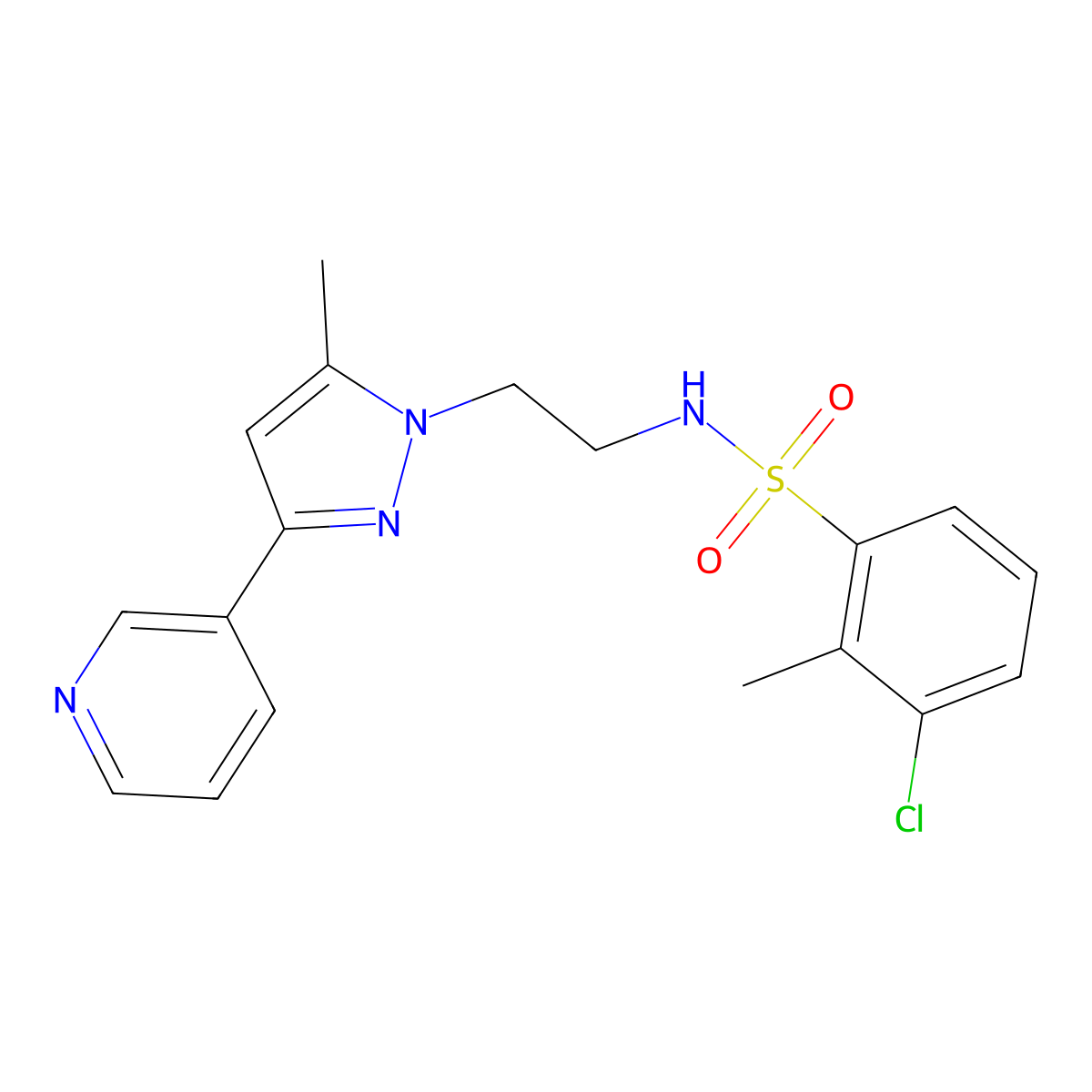 3-chloro-2-methyl-N-(2-(5-methyl-3-(pyridin-3-yl)-1H-pyrazol-1-yl)ethyl)benzenesulfonamide molecular structure, CAS 2034289-99-9