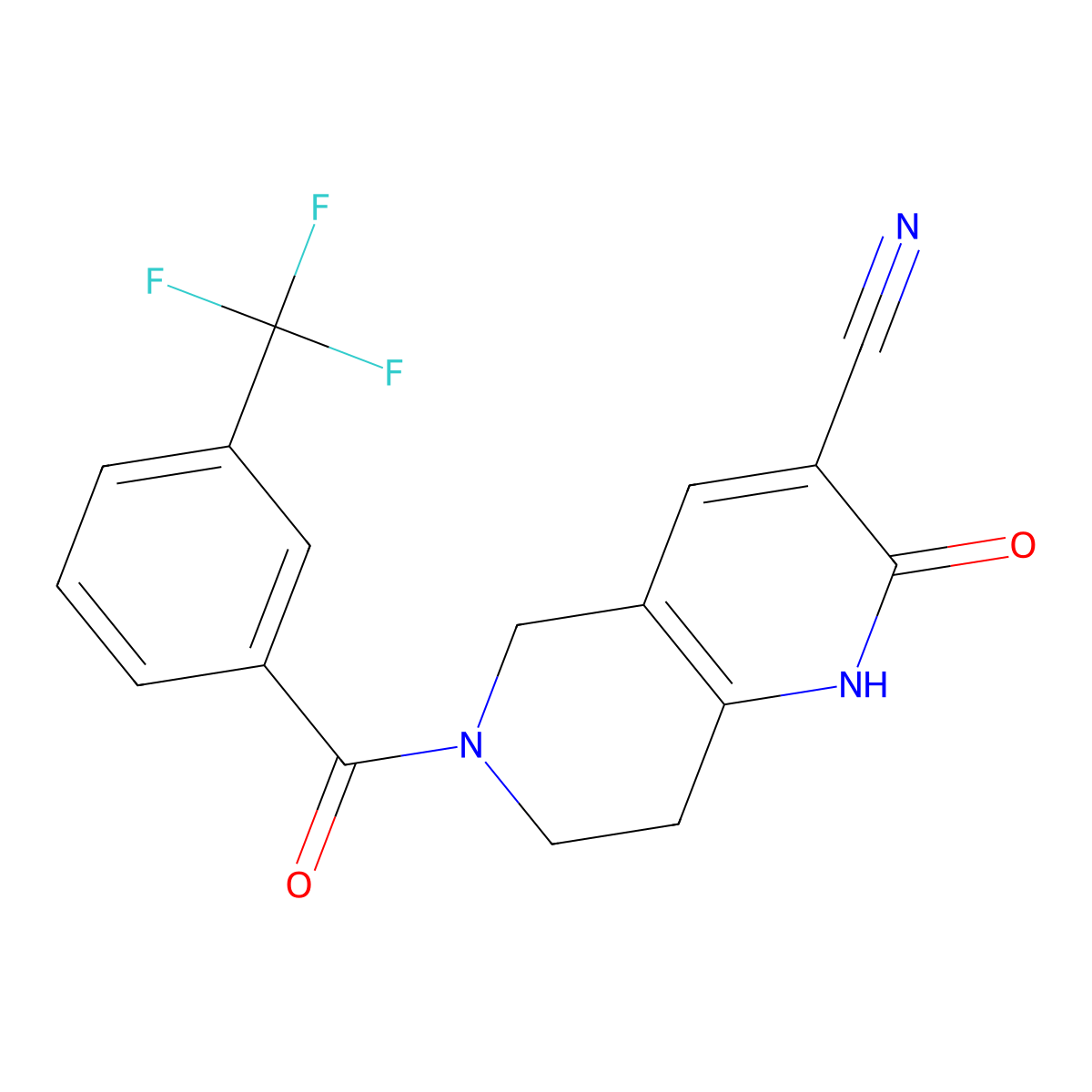 2-Oxo-6-(3-(trifluoromethyl)benzoyl)-1,2,5,6,7,8-hexahydro-1,6-naphthyridine-3-carbonitrile molecular structure, CAS 2034290-08-7