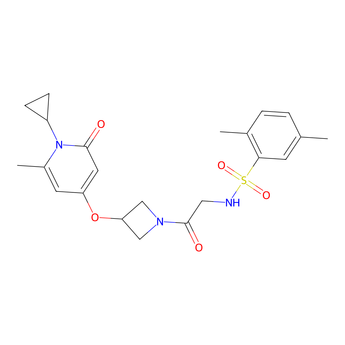 N-(2-(3-((1-cyclopropyl-6-methyl-2-oxo-1,2-dihydropyridin-4-yl)oxy)azetidin-1-yl)-2-oxoethyl)-2,5-dimethylbenzenesulfonamide molecular structure, CAS 2034290-14-5