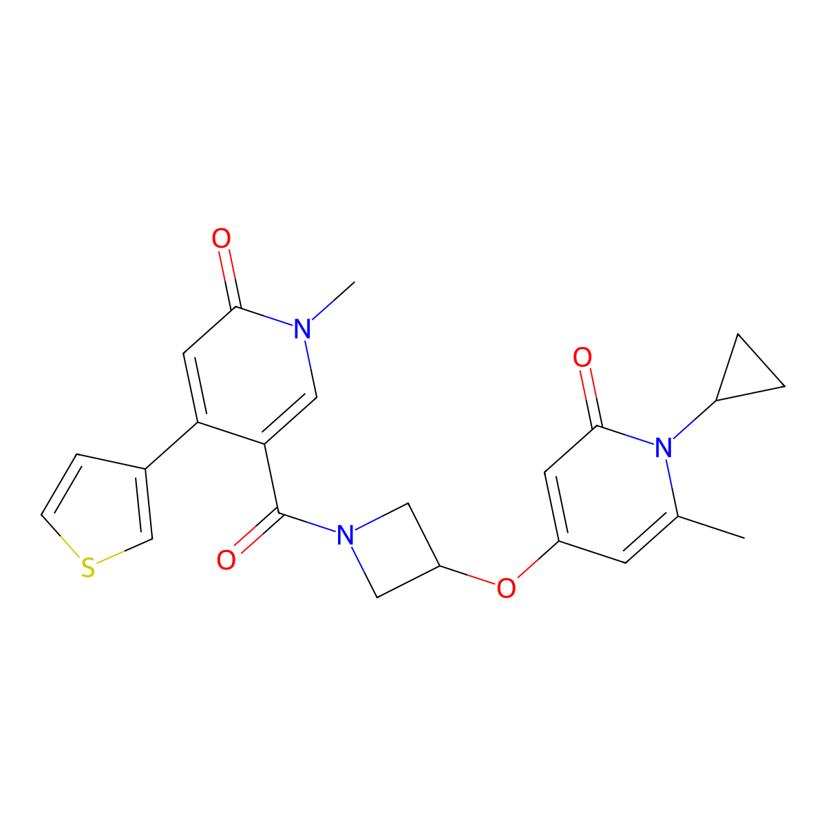 1-cyclopropyl-6-methyl-4-((1-(1-methyl-6-oxo-4-(thiophen-3-yl)-1,6-dihydropyridine-3-carbonyl)azetidin-3-yl)oxy)pyridin-2(1H)-one molecular structure, CAS 2034290-25-8
