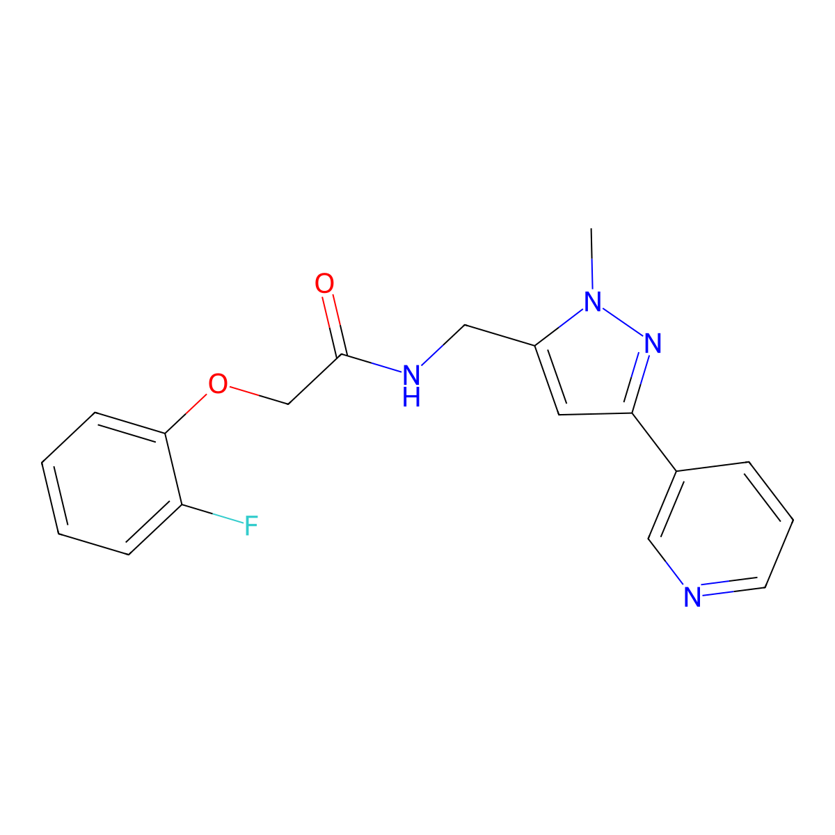 2-(2-fluorophenoxy)-N-{[1-methyl-3-(pyridin-3-yl)-1H-pyrazol-5-yl]methyl}acetamide molecular structure, CAS 2034290-35-0