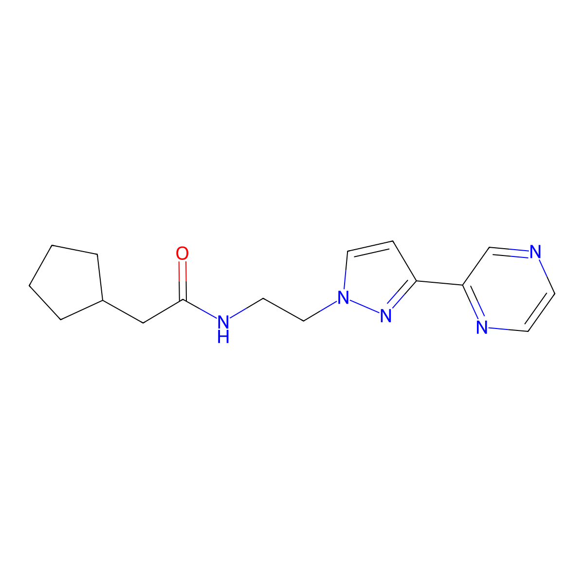 2-cyclopentyl-N-{2-[3-(pyrazin-2-yl)-1H-pyrazol-1-yl]ethyl}acetamide molecular structure, CAS 2034290-38-3