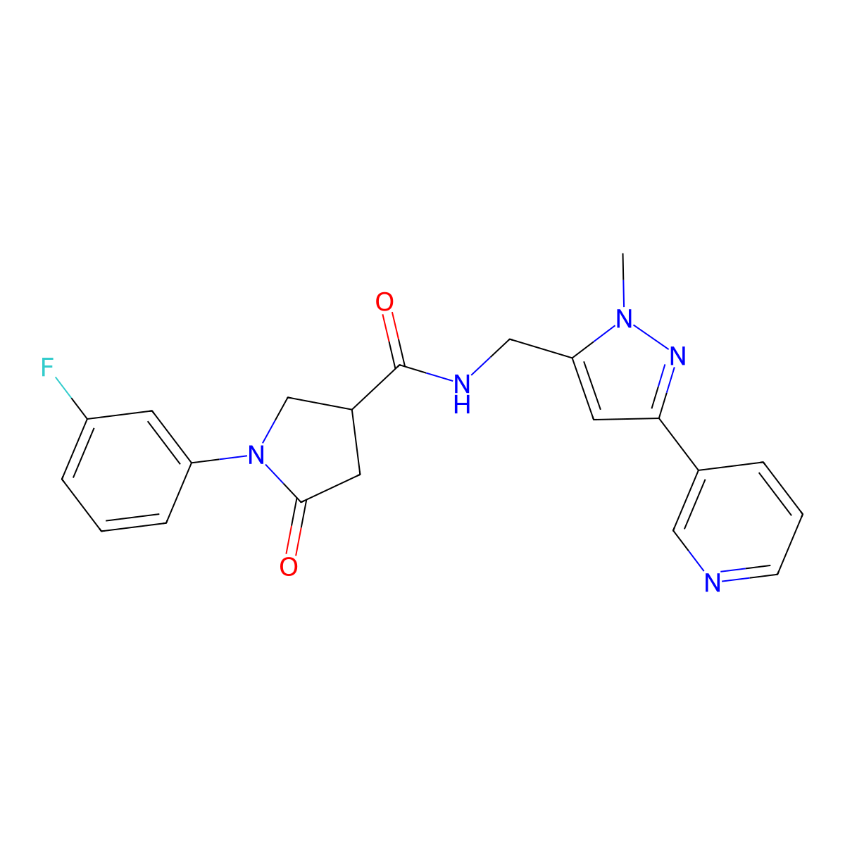 1-(3-fluorophenyl)-N-((1-methyl-3-(pyridin-3-yl)-1H-pyrazol-5-yl)methyl)-5-oxopyrrolidine-3-carboxamide molecular structure, CAS 2034290-40-7