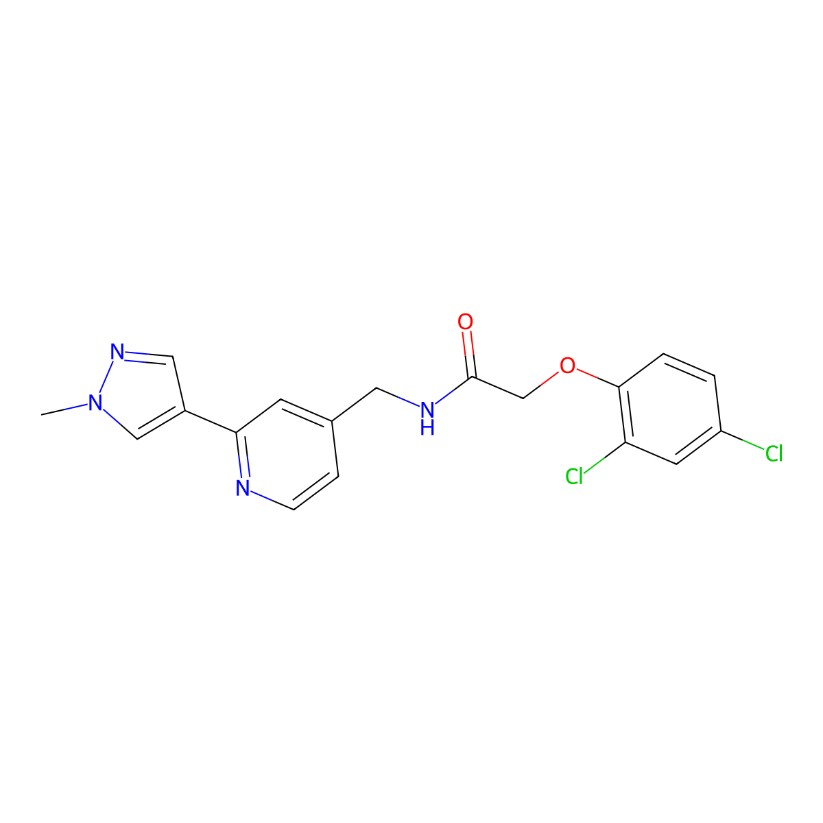 2-(2,4-dichlorophenoxy)-N-((2-(1-methyl-1H-pyrazol-4-yl)pyridin-4-yl)methyl)acetamide molecular structure, CAS 2034290-43-0