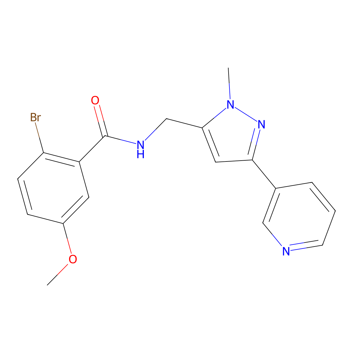2-bromo-5-methoxy-N-((1-methyl-3-(pyridin-3-yl)-1H-pyrazol-5-yl)methyl)benzamide molecular structure, CAS 2034290-48-5