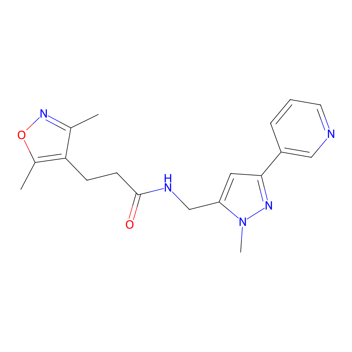 3-(3,5-dimethylisoxazol-4-yl)-N-((1-methyl-3-(pyridin-3-yl)-1H-pyrazol-5-yl)methyl)propanamide molecular structure, CAS 2034290-52-1