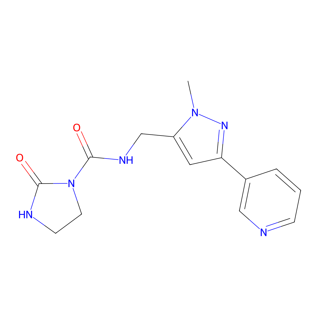 N-{[1-methyl-3-(pyridin-3-yl)-1H-pyrazol-5-yl]methyl}-2-oxoimidazolidine-1-carboxamide molecular structure, CAS 2034290-57-6