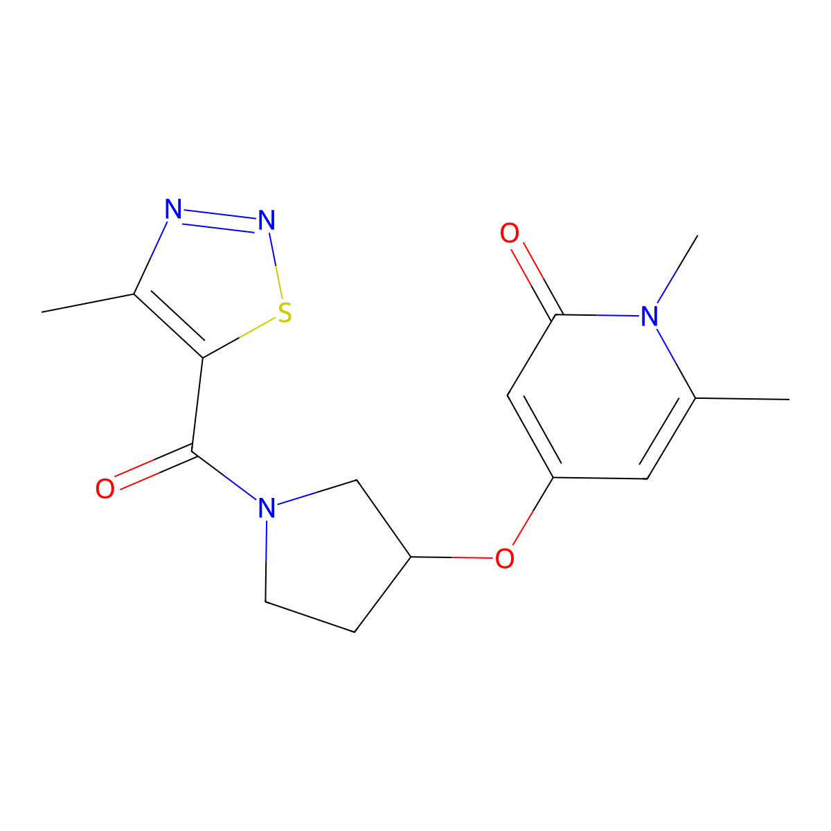 1,6-dimethyl-4-((1-(4-methyl-1,2,3-thiadiazole-5-carbonyl)pyrrolidin-3-yl)oxy)pyridin-2(1H)-one molecular structure, CAS 2034290-58-7