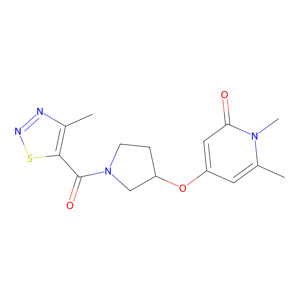 1,6-dimethyl-4-((1-(4-methyl-1,2,3-thiadiazole-5-carbonyl)pyrrolidin-3-yl)oxy)pyridin-2(1H)-one molecular structure, CAS 2034290-58-7