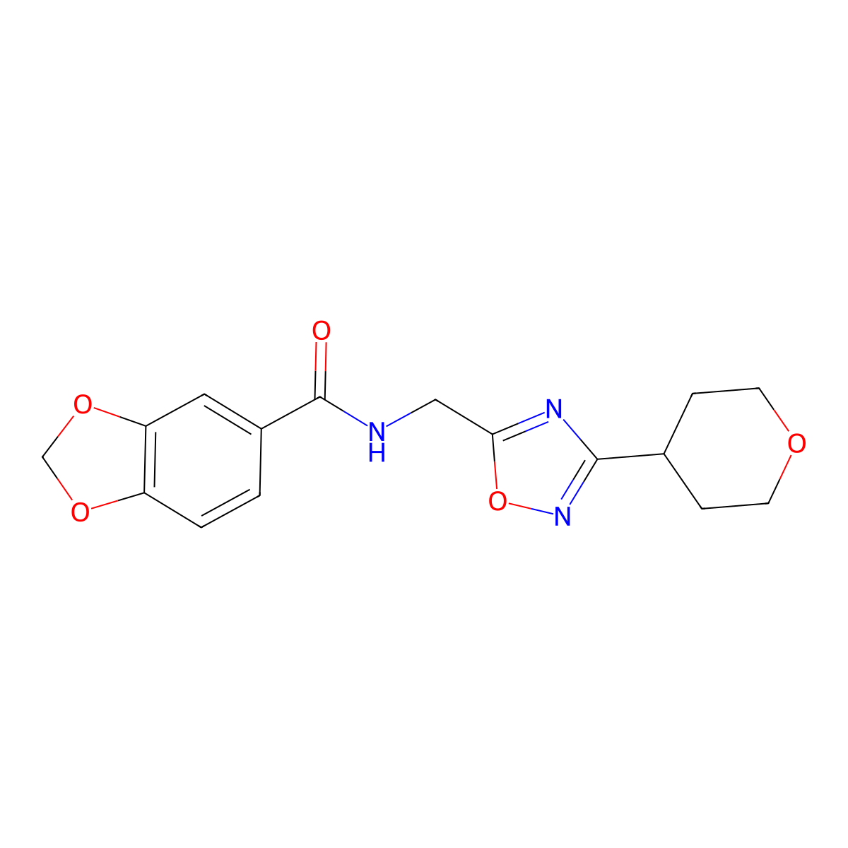 N-((3-(tetrahydro-2H-pyran-4-yl)-1,2,4-oxadiazol-5-yl)methyl)benzo[d][1,3]dioxole-5-carboxamide molecular structure, CAS 2034290-64-5