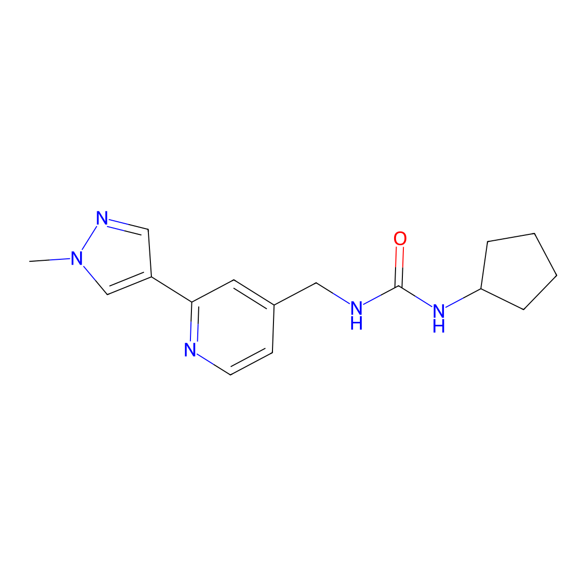 3-cyclopentyl-1-{[2-(1-methyl-1H-pyrazol-4-yl)pyridin-4-yl]methyl}urea molecular structure, CAS 2034290-70-3