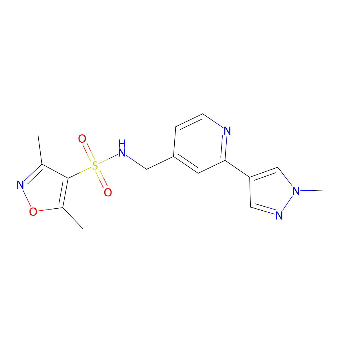 3,5-dimethyl-N-((2-(1-methyl-1H-pyrazol-4-yl)pyridin-4-yl)methyl)isoxazole-4-sulfonamide molecular structure, CAS 2034290-75-8