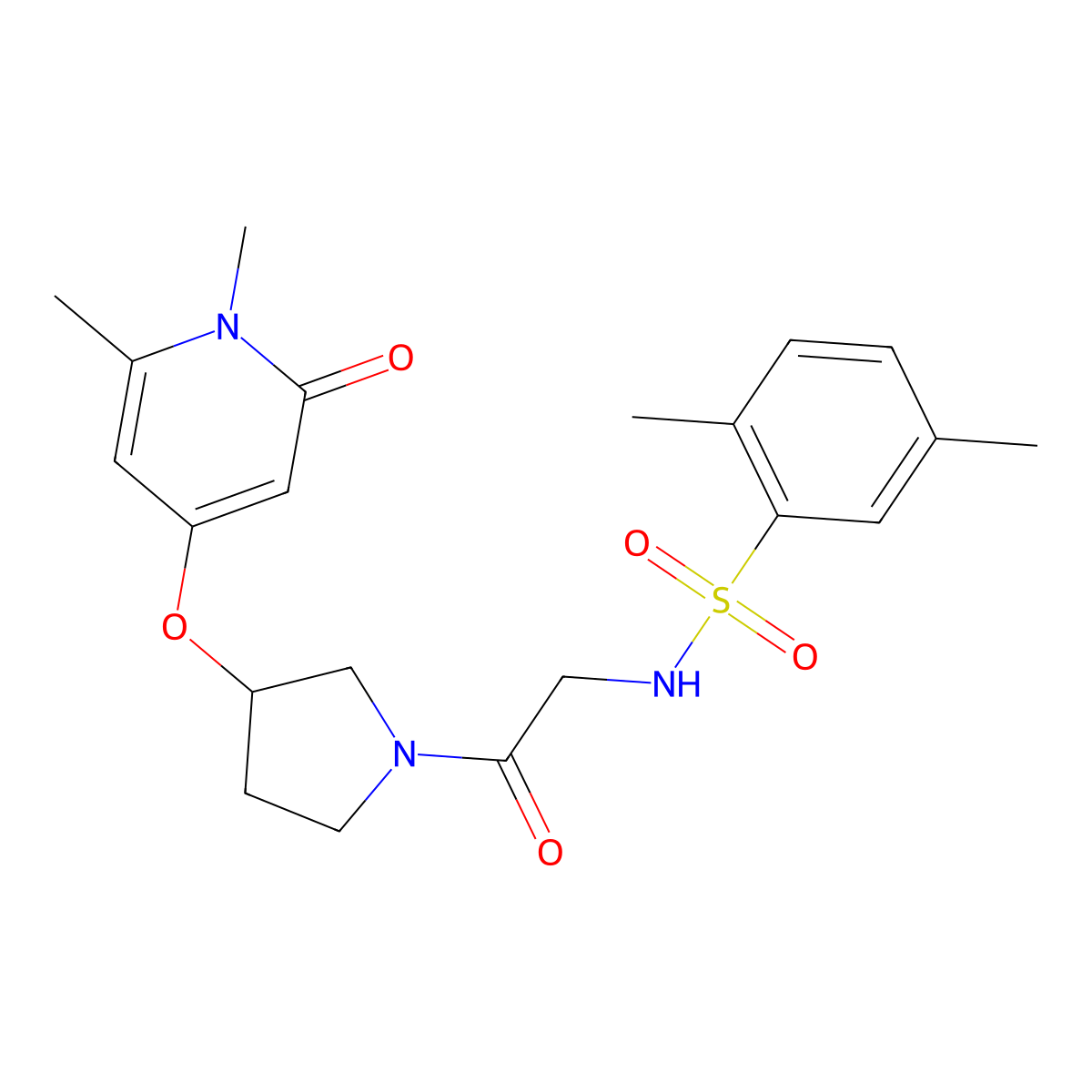 N-(2-(3-((1,6-dimethyl-2-oxo-1,2-dihydropyridin-4-yl)oxy)pyrrolidin-1-yl)-2-oxoethyl)-2,5-dimethylbenzenesulfonamide molecular structure, CAS 2034290-78-1
