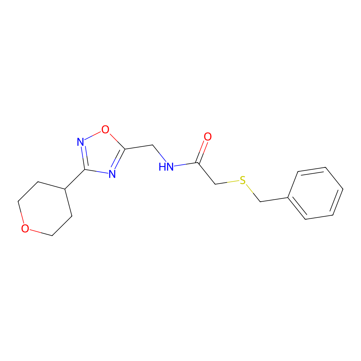 2-(benzylthio)-N-((3-(tetrahydro-2H-pyran-4-yl)-1,2,4-oxadiazol-5-yl)methyl)acetamide molecular structure, CAS 2034290-79-2