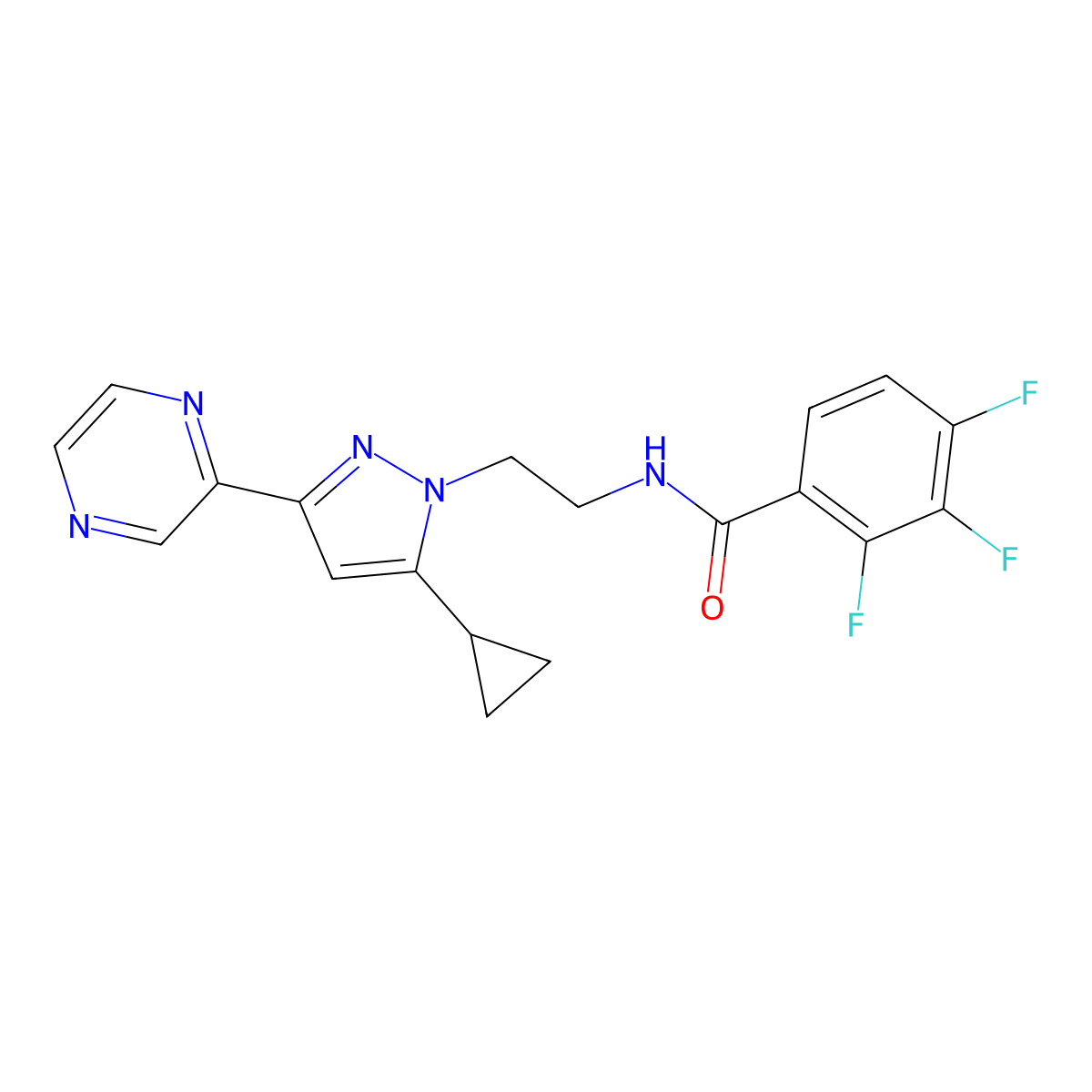 N-(2-(5-cyclopropyl-3-(pyrazin-2-yl)-1H-pyrazol-1-yl)ethyl)-2,3,4-trifluorobenzamide molecular structure, CAS 2034290-82-7