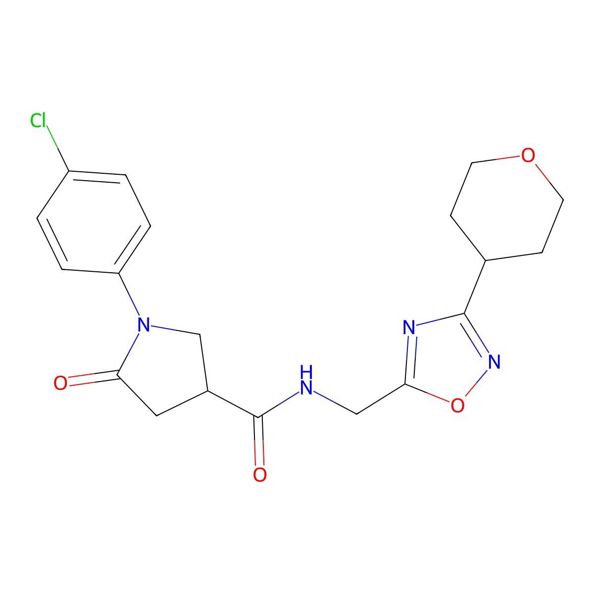1-(4-chlorophenyl)-5-oxo-N-((3-(tetrahydro-2H-pyran-4-yl)-1,2,4-oxadiazol-5-yl)methyl)pyrrolidine-3-carboxamide molecular structure, CAS 2034290-87-2