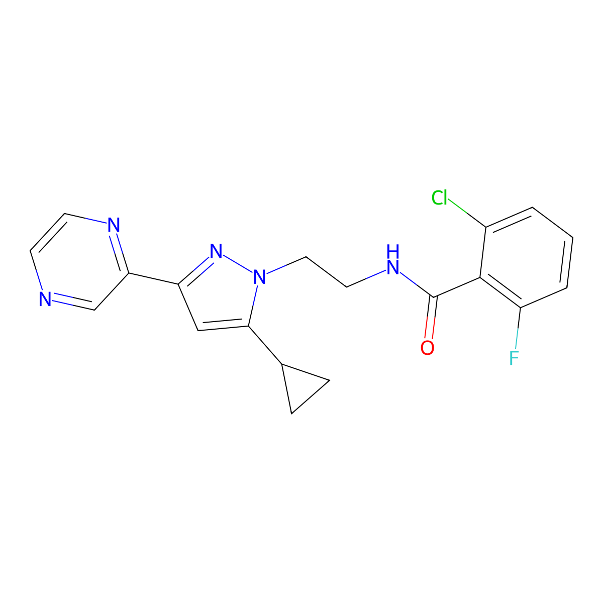 2-chloro-N-(2-(5-cyclopropyl-3-(pyrazin-2-yl)-1H-pyrazol-1-yl)ethyl)-6-fluorobenzamide molecular structure, CAS 2034290-91-8