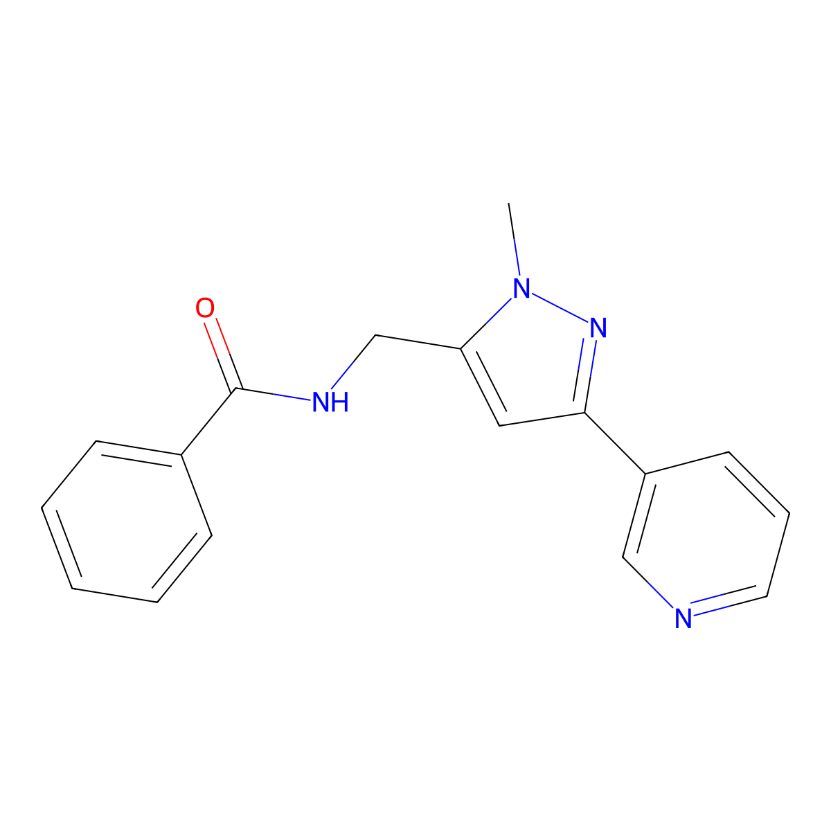 N-{[1-methyl-3-(pyridin-3-yl)-1H-pyrazol-5-yl]methyl}benzamide molecular structure, CAS 2034290-92-9
