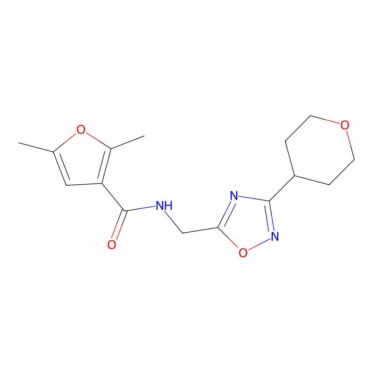 2,5-dimethyl-N-((3-(tetrahydro-2H-pyran-4-yl)-1,2,4-oxadiazol-5-yl)methyl)furan-3-carboxamide molecular structure, CAS 2034290-97-4