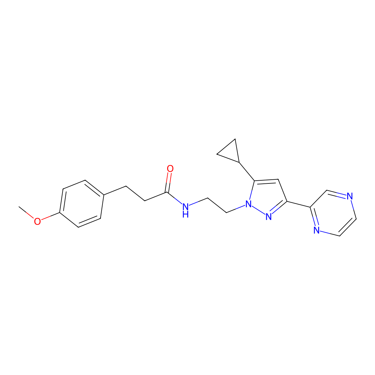 N-(2-(5-cyclopropyl-3-(pyrazin-2-yl)-1H-pyrazol-1-yl)ethyl)-3-(4-methoxyphenyl)propanamide molecular structure, CAS 2034290-98-5