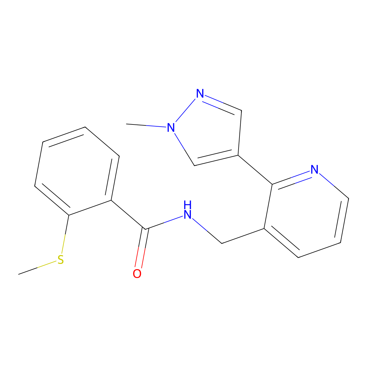 N-((2-(1-methyl-1H-pyrazol-4-yl)pyridin-3-yl)methyl)-2-(methylthio)benzamide molecular structure, CAS 2034291-02-4