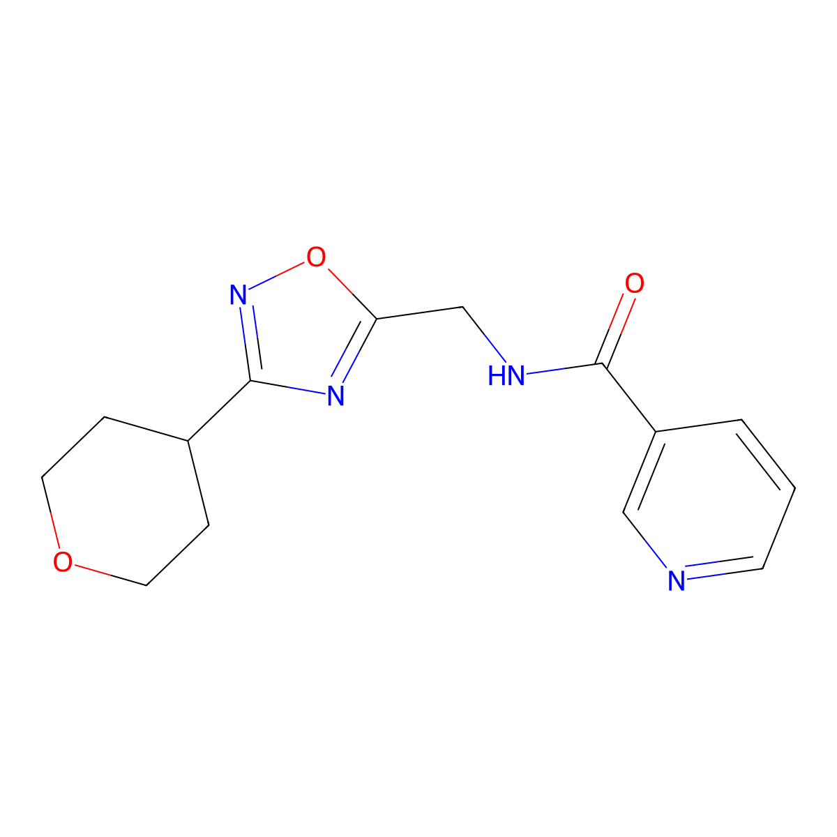 N-((3-(tetrahydro-2H-pyran-4-yl)-1,2,4-oxadiazol-5-yl)methyl)nicotinamide molecular structure, CAS 2034291-07-9