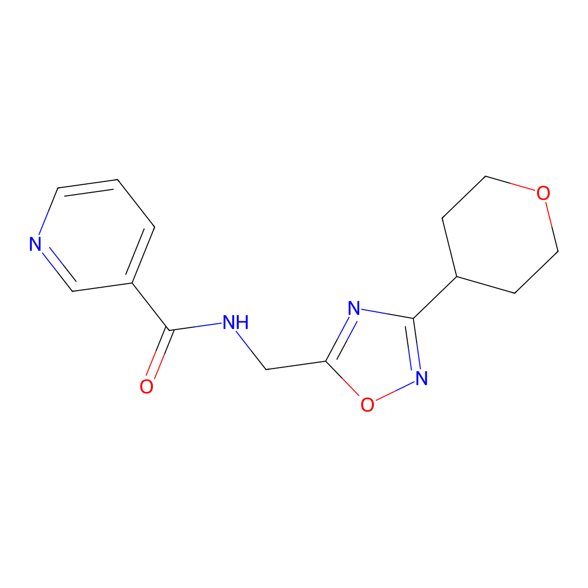 N-((3-(tetrahydro-2H-pyran-4-yl)-1,2,4-oxadiazol-5-yl)methyl)nicotinamide molecular structure, CAS 2034291-07-9