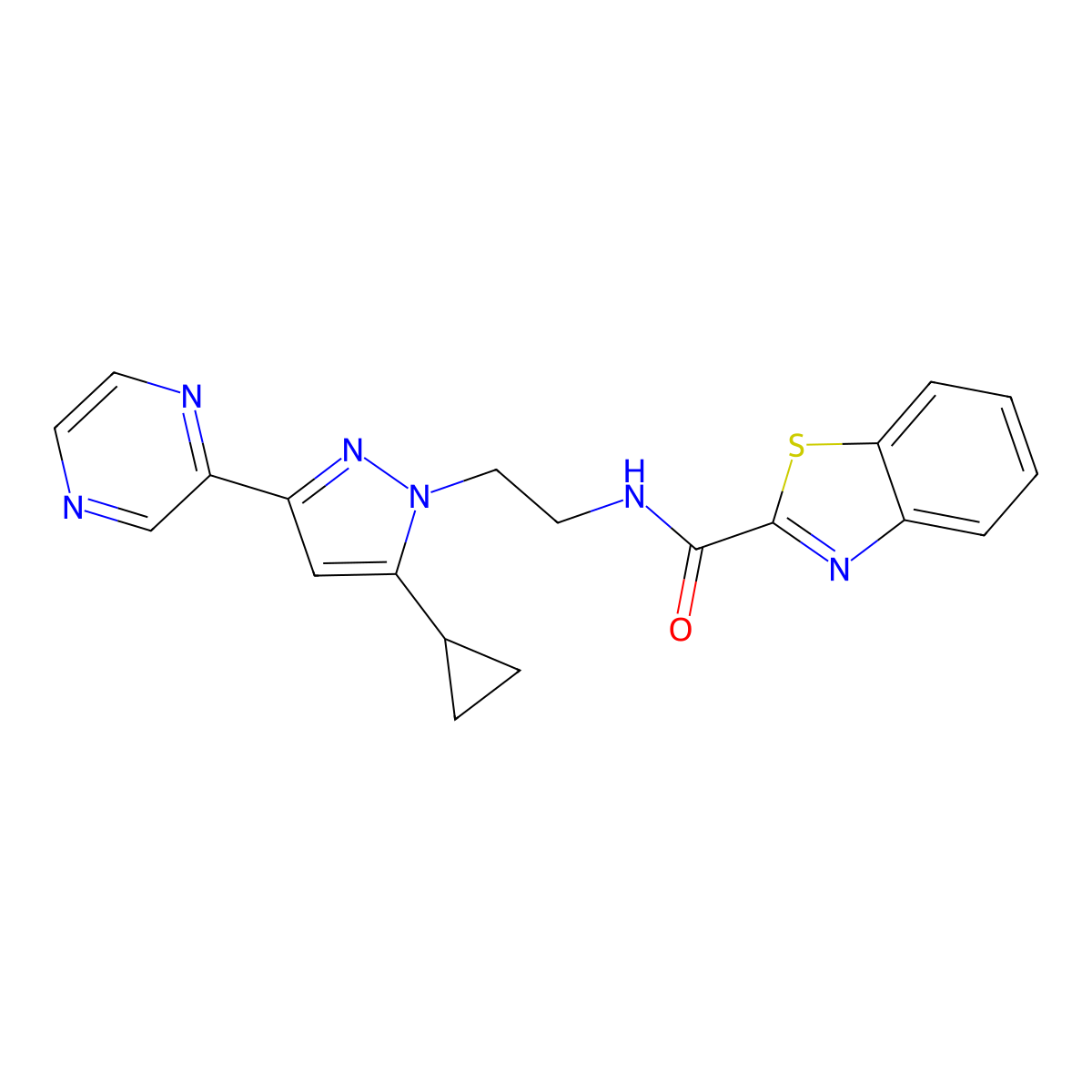 N-(2-(5-cyclopropyl-3-(pyrazin-2-yl)-1H-pyrazol-1-yl)ethyl)benzo[d]thiazole-2-carboxamide molecular structure, CAS 2034291-11-5