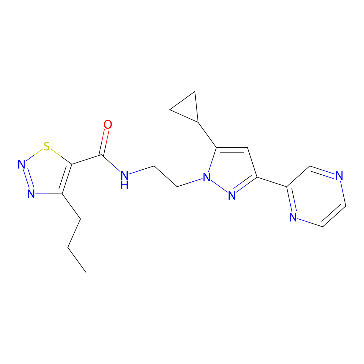 N-(2-(5-cyclopropyl-3-(pyrazin-2-yl)-1H-pyrazol-1-yl)ethyl)-4-propyl-1,2,3-thiadiazole-5-carboxamide molecular structure, CAS 2034291-15-9