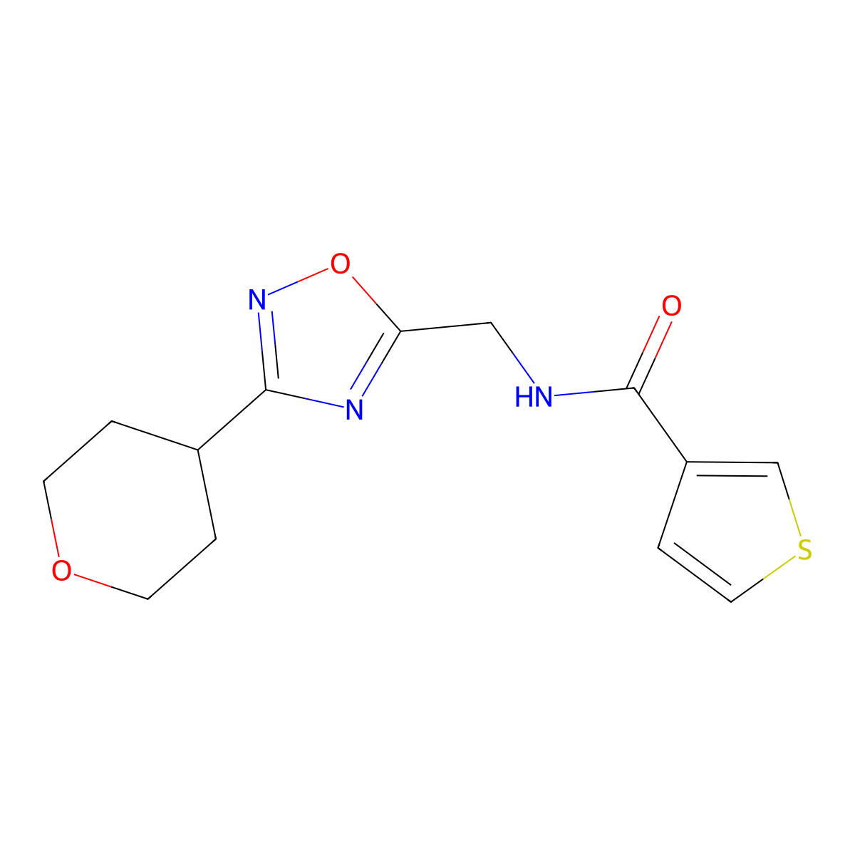 N-((3-(tetrahydro-2H-pyran-4-yl)-1,2,4-oxadiazol-5-yl)methyl)thiophene-3-carboxamide molecular structure, CAS 2034291-16-0